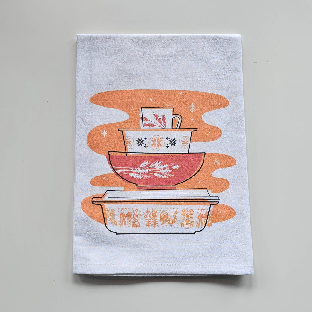 Pyrex Pumpkin Butterprint Tea Towel — Vintage Bowl Stack Print