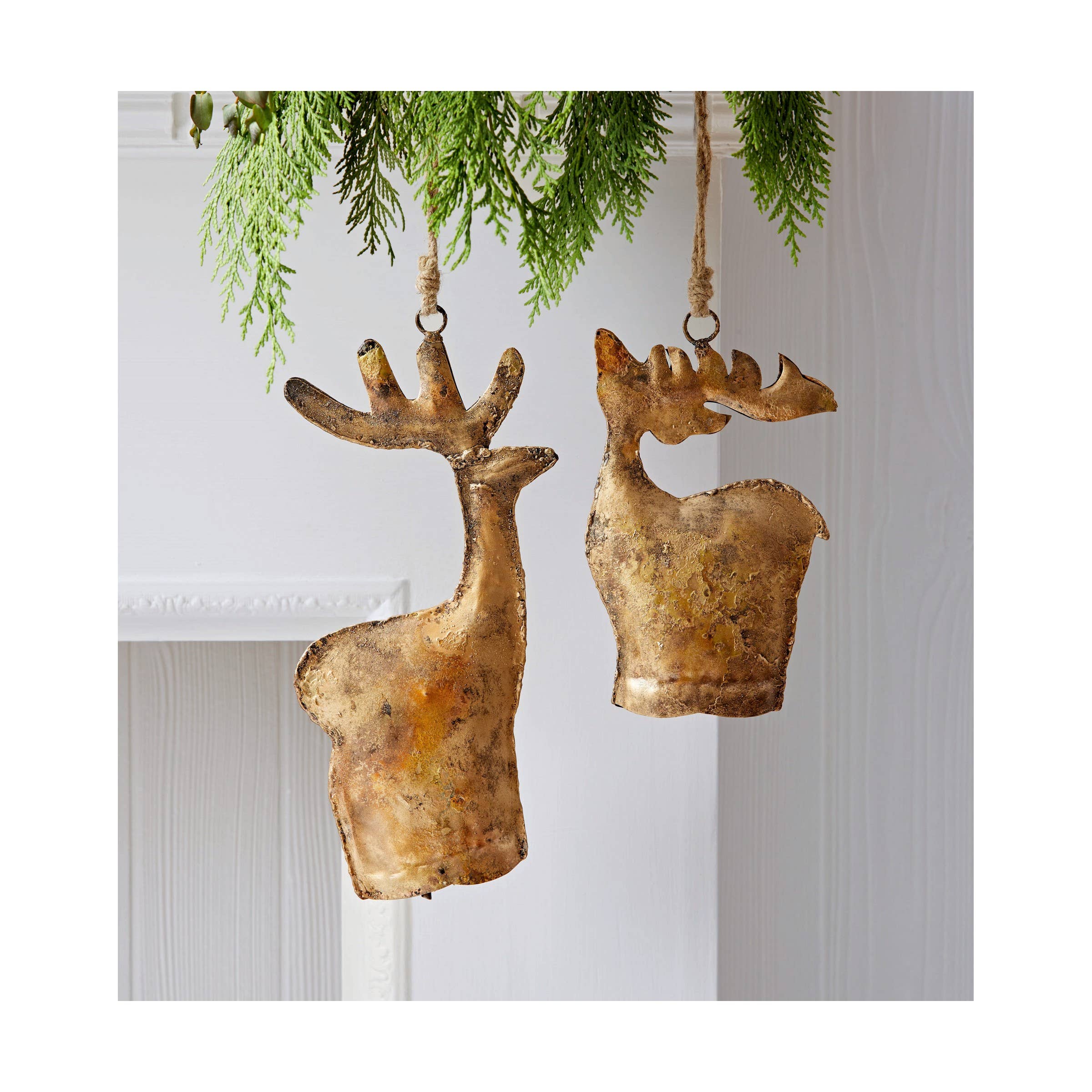 Large Antique Gold Reindeer Bell - Rustic Iron Christmas Decor