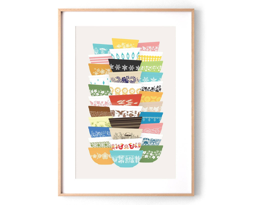 Vintage Pyrex-Inspired Bowl Stacks Wall Art Print | Retro Kitchen Decor | 5x7