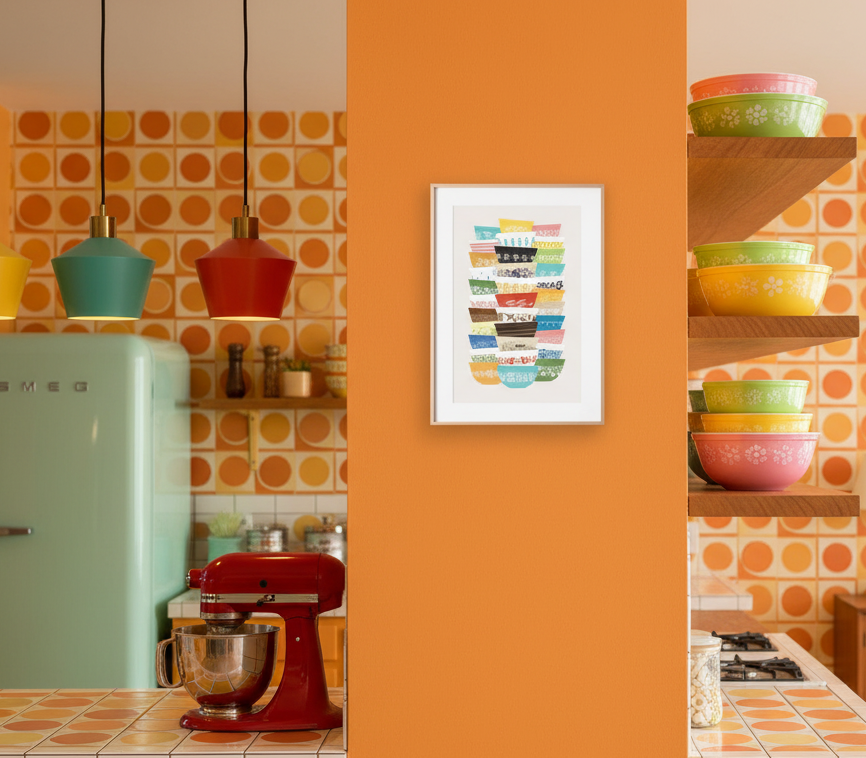 Vintage Pyrex-Inspired Bowl Stacks Wall Art Print | Retro Kitchen Decor | 5x7