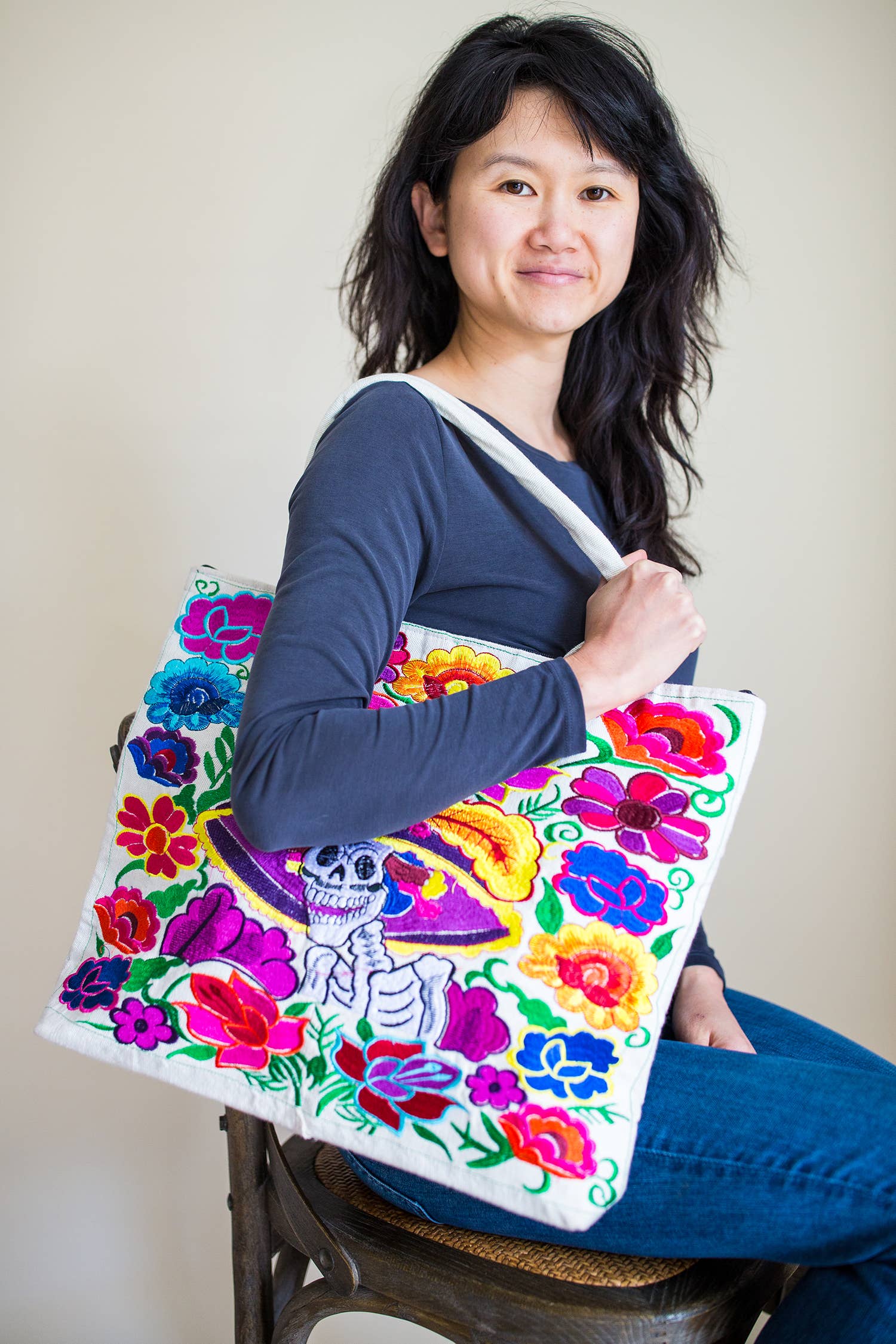 Sugar Skull Embroidered Tote Bag – Día de los Muertos Artisan Bag
