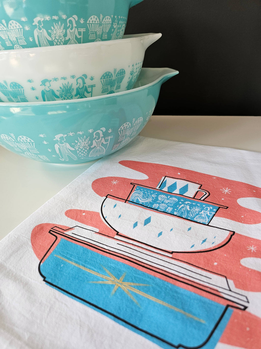 Pyrex Tea Towel - Turquoise Starburst Bowl Stack