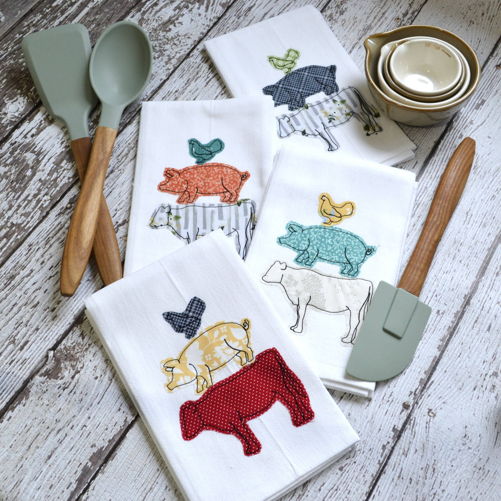 Embroidered Farm Animal Flour Sack Tea Towel | Misc Fabric Colors | Farmhouse Kitchen Decor