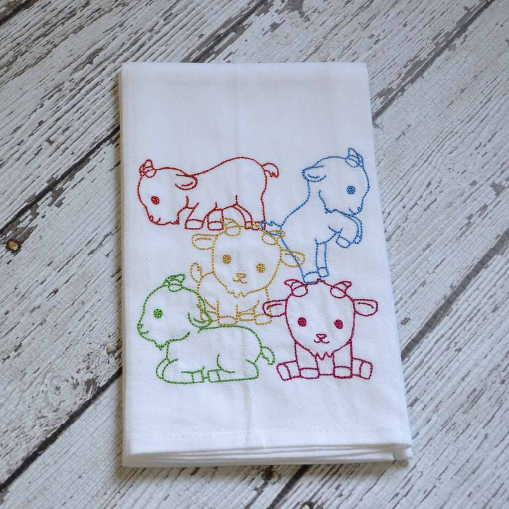 Embroidered Lots of Goats Flour Sack Tea Towel | Multicolor | Farmhouse Kitchen Decor