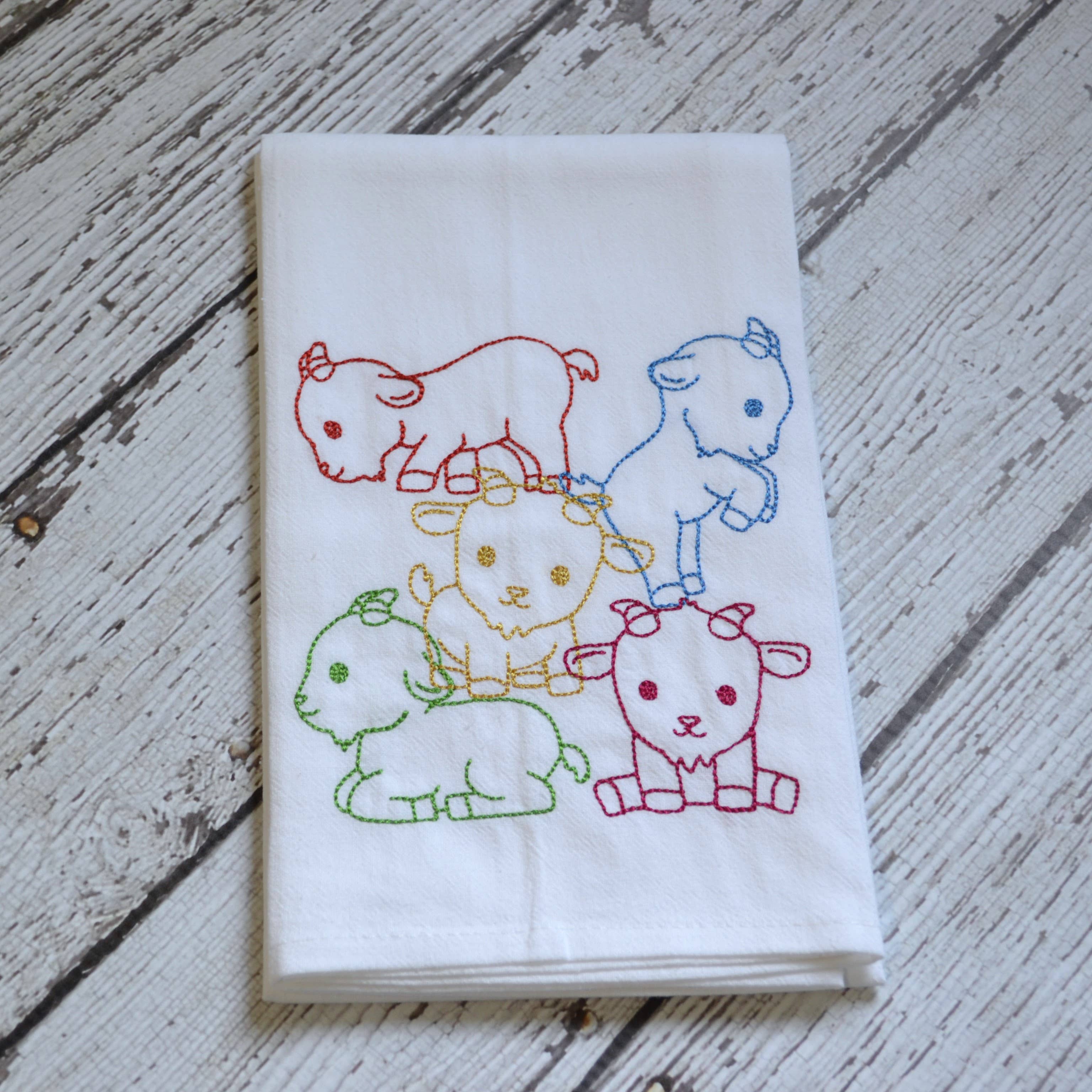 Embroidered Lots of Goats Flour Sack Tea Towel | Multicolor | Farmhouse Kitchen Decor