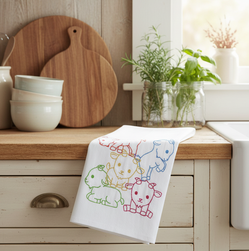 Embroidered Lots of Goats Flour Sack Tea Towel | Multicolor | Farmhouse Kitchen Decor