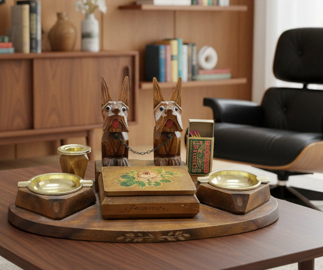 Tramp Art Box Fantastic Folk Art Scotty Dog Smoking Tobacco Desk Stand Germany