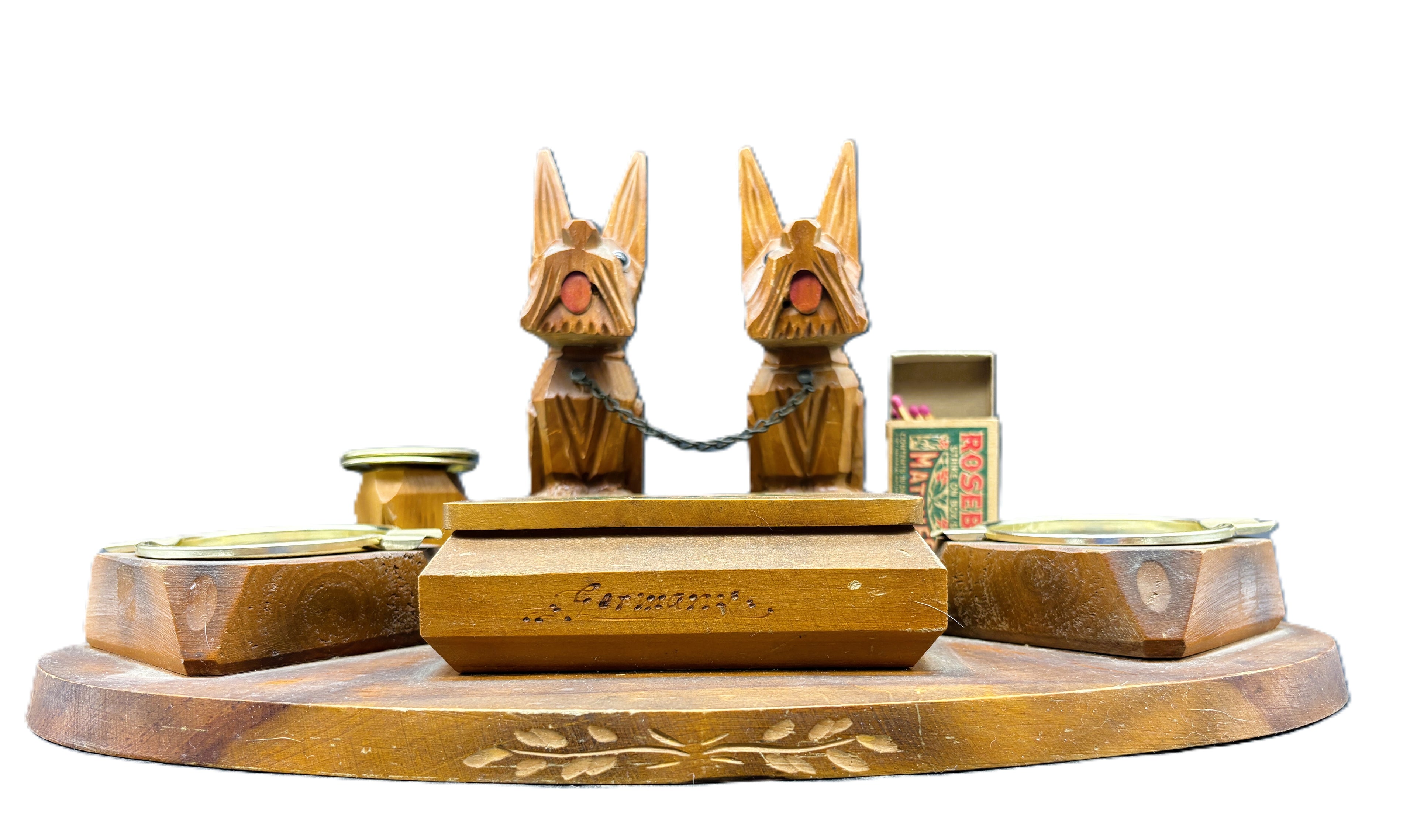 Tramp Art Box Fantastic Folk Art Scotty Dog Smoking Tobacco Desk Stand Germany