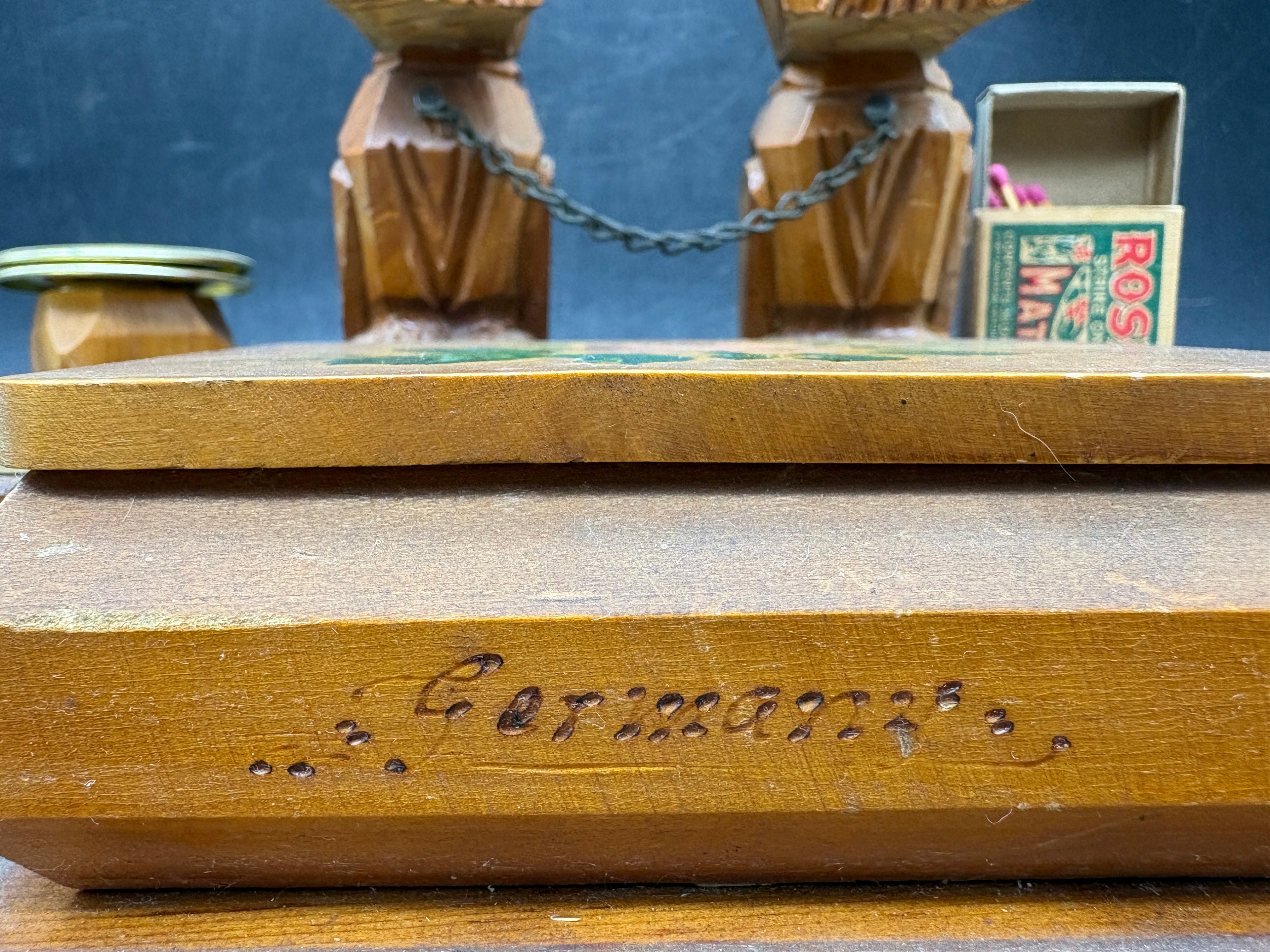 Tramp Art Box Fantastic Folk Art Scotty Dog Smoking Tobacco Desk Stand Germany