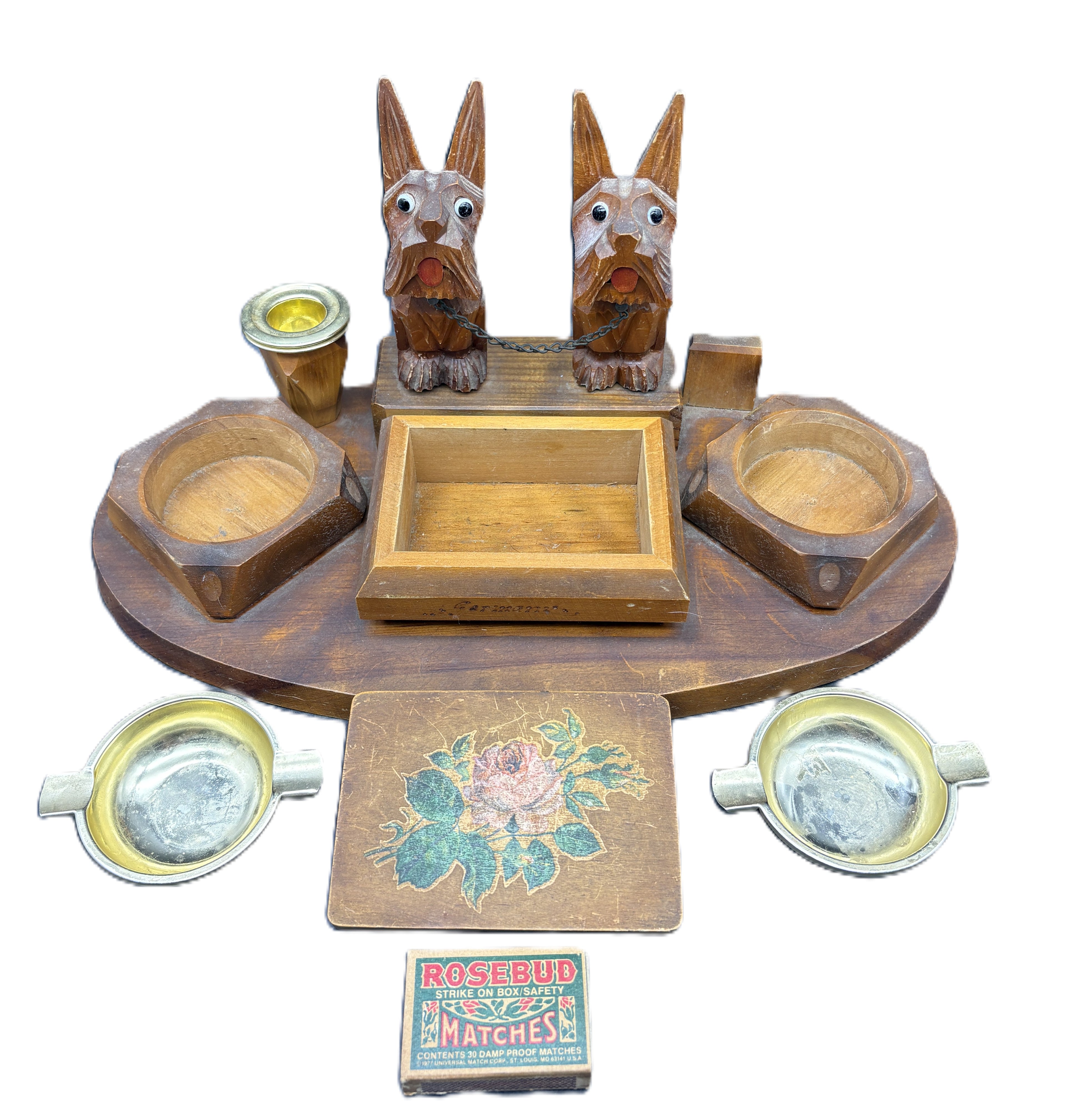 Tramp Art Box Fantastic Folk Art Scotty Dog Smoking Tobacco Desk Stand Germany