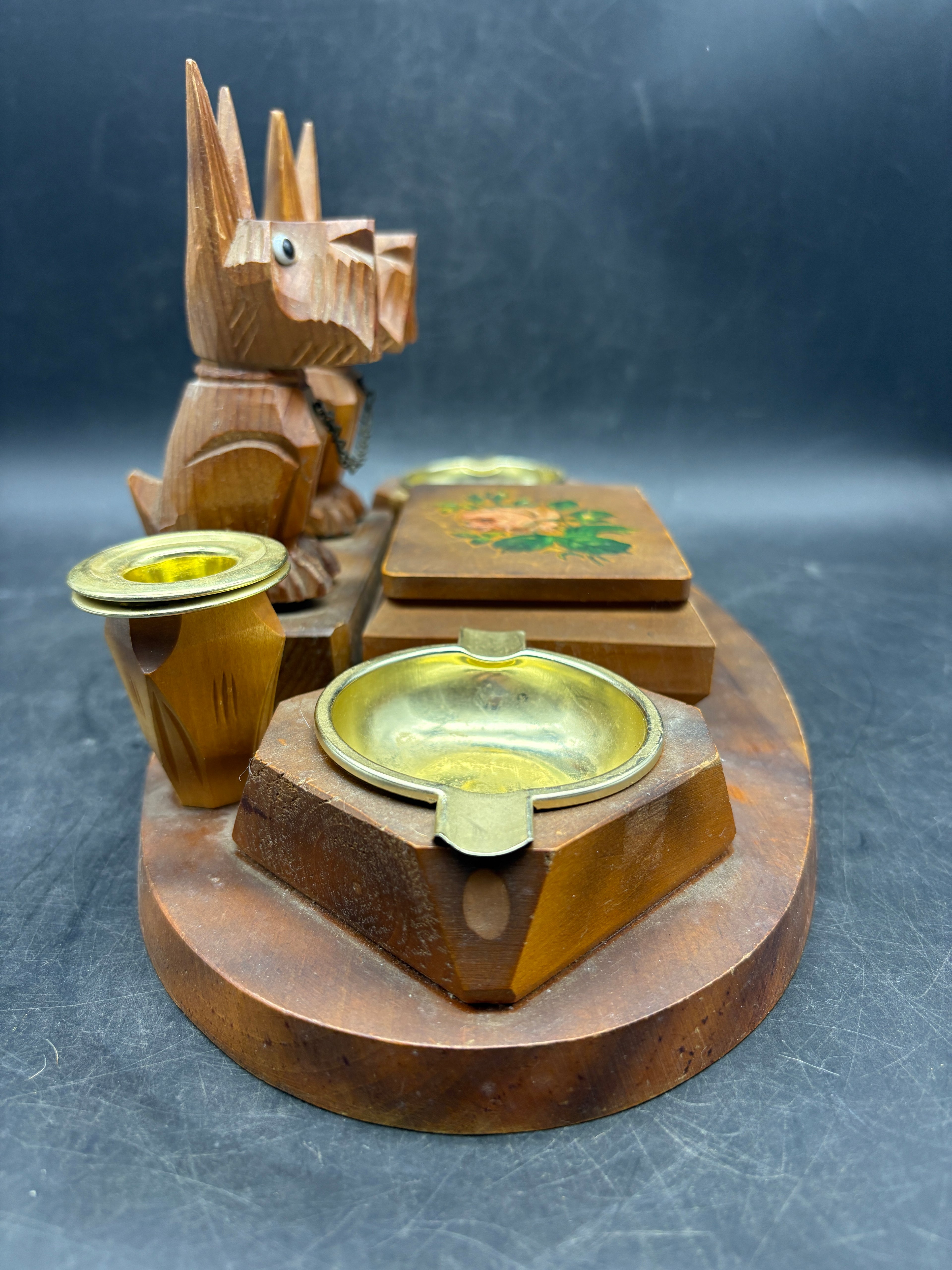 Tramp Art Box Fantastic Folk Art Scotty Dog Smoking Tobacco Desk Stand Germany