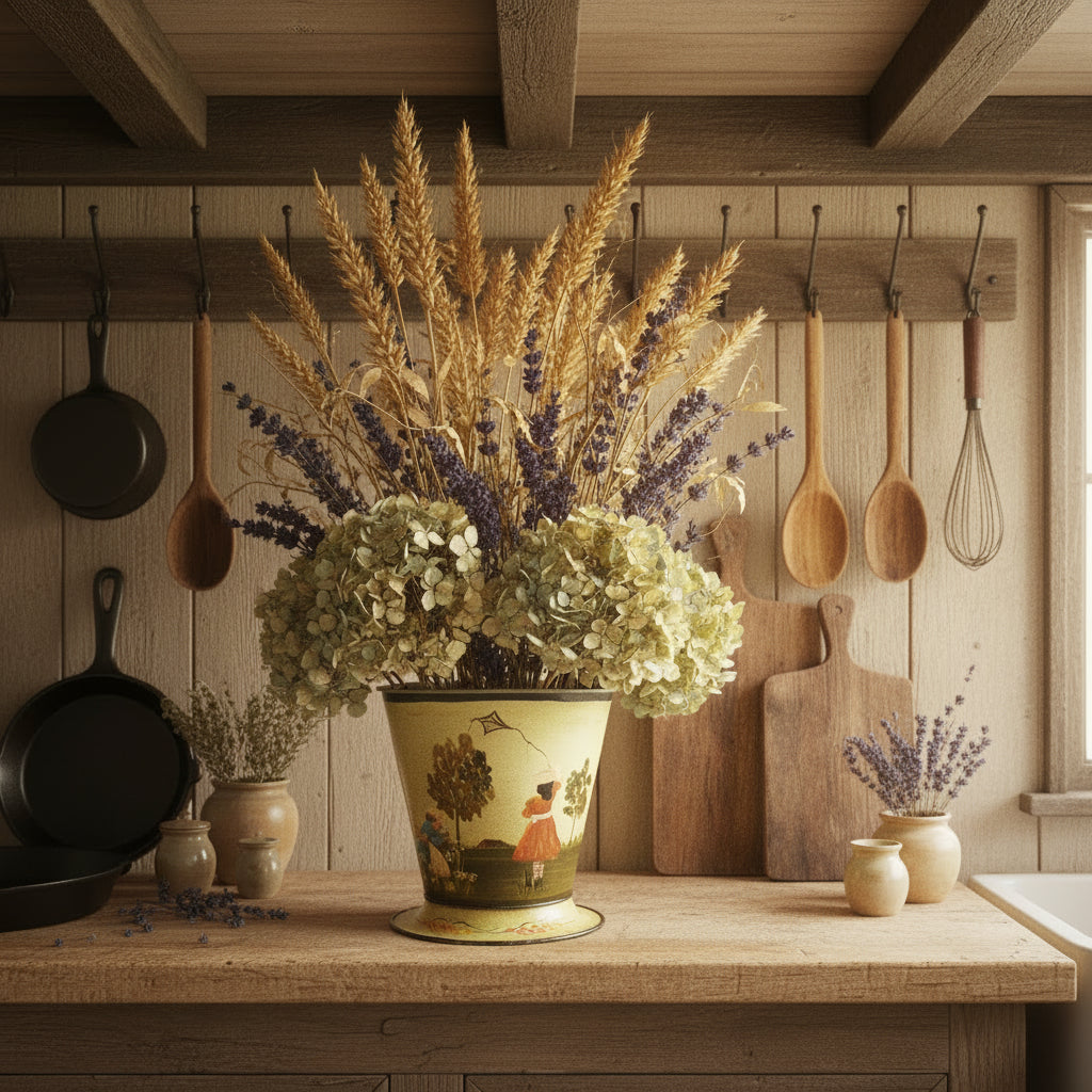 Primitive Folk Art Painted Metal Bucket Vintage Scene Girl w Kite SIGNED Elliott