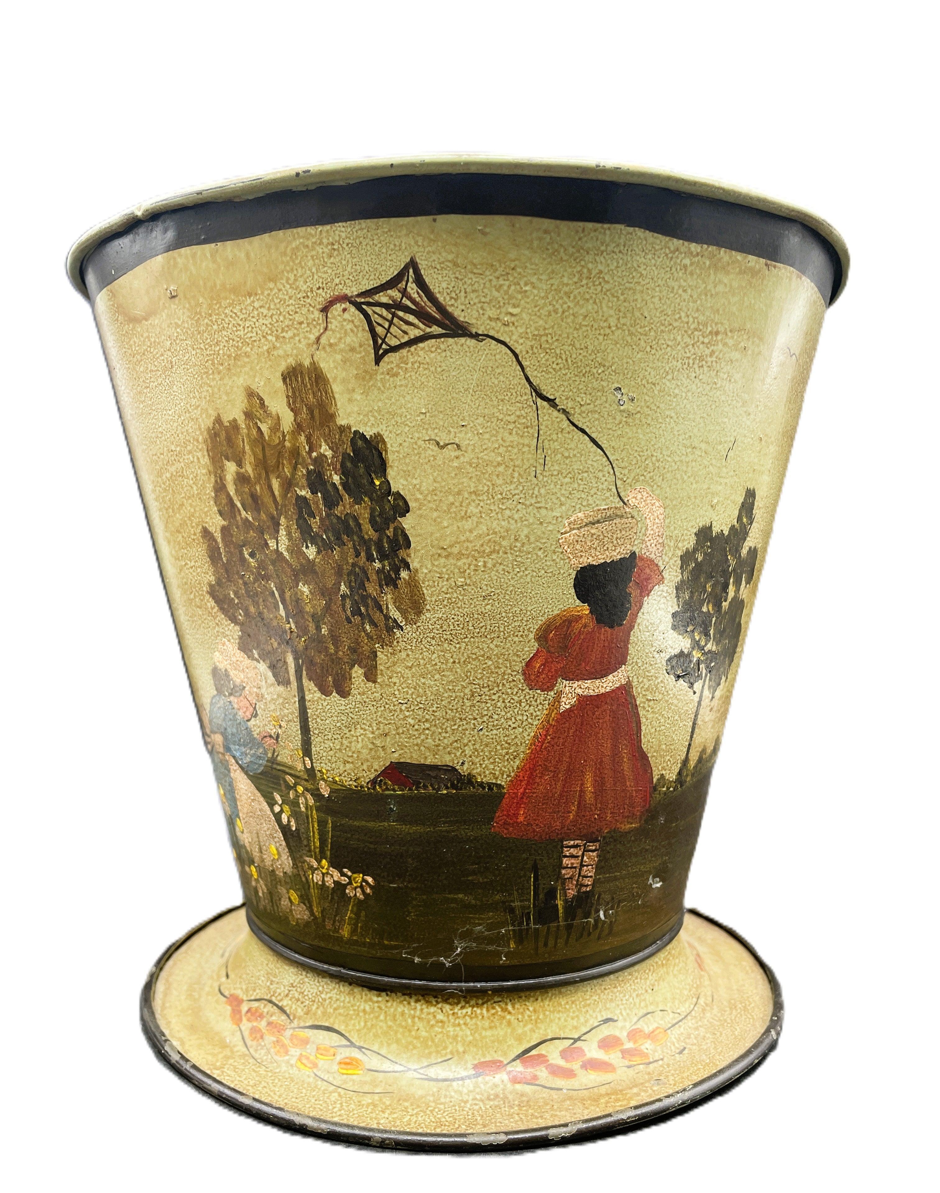 Primitive Folk Art Painted Metal Bucket Vintage Scene Girl w Kite SIGNED Elliott