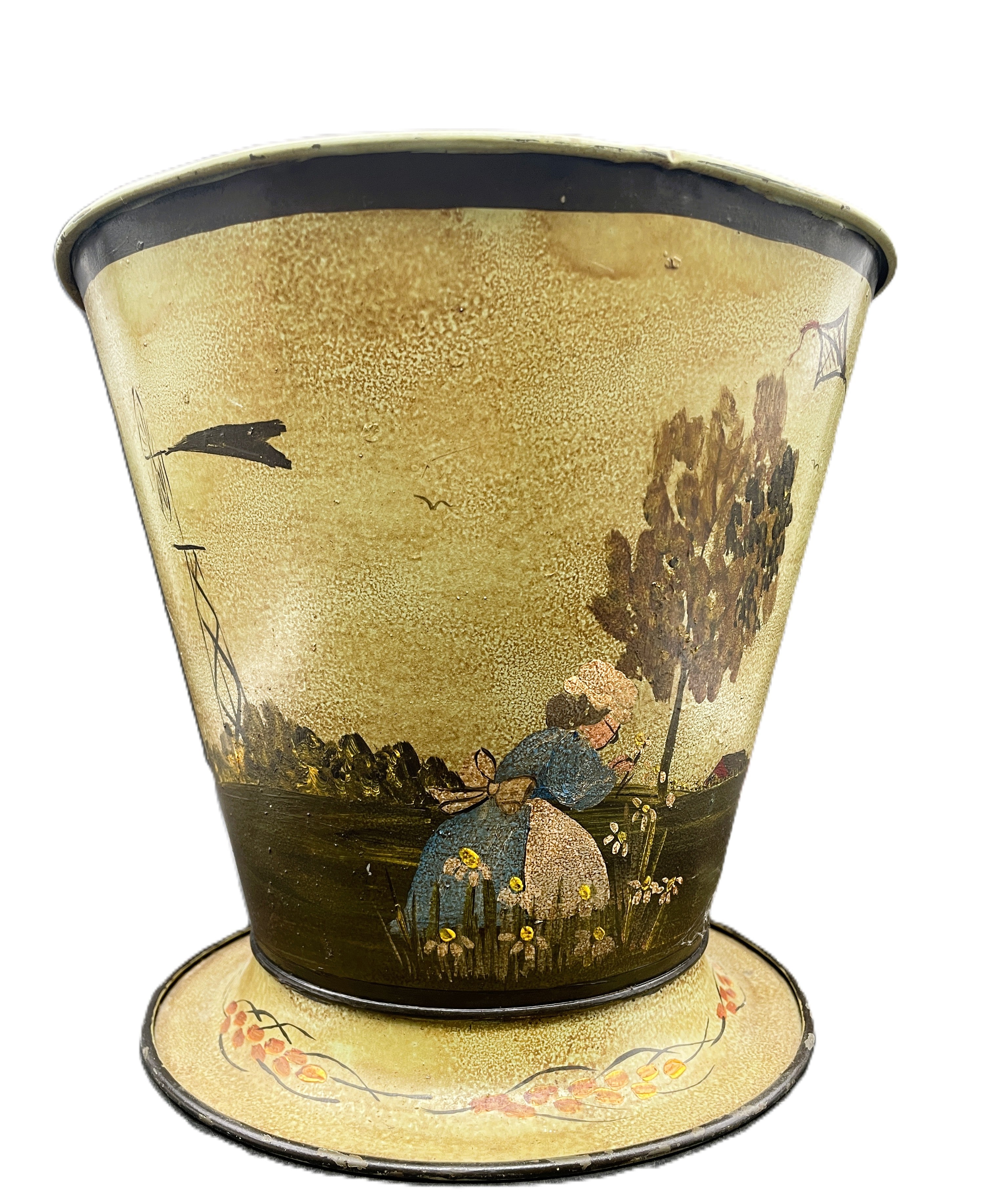 Primitive Folk Art Painted Metal Bucket Vintage Scene Girl w Kite SIGNED Elliott