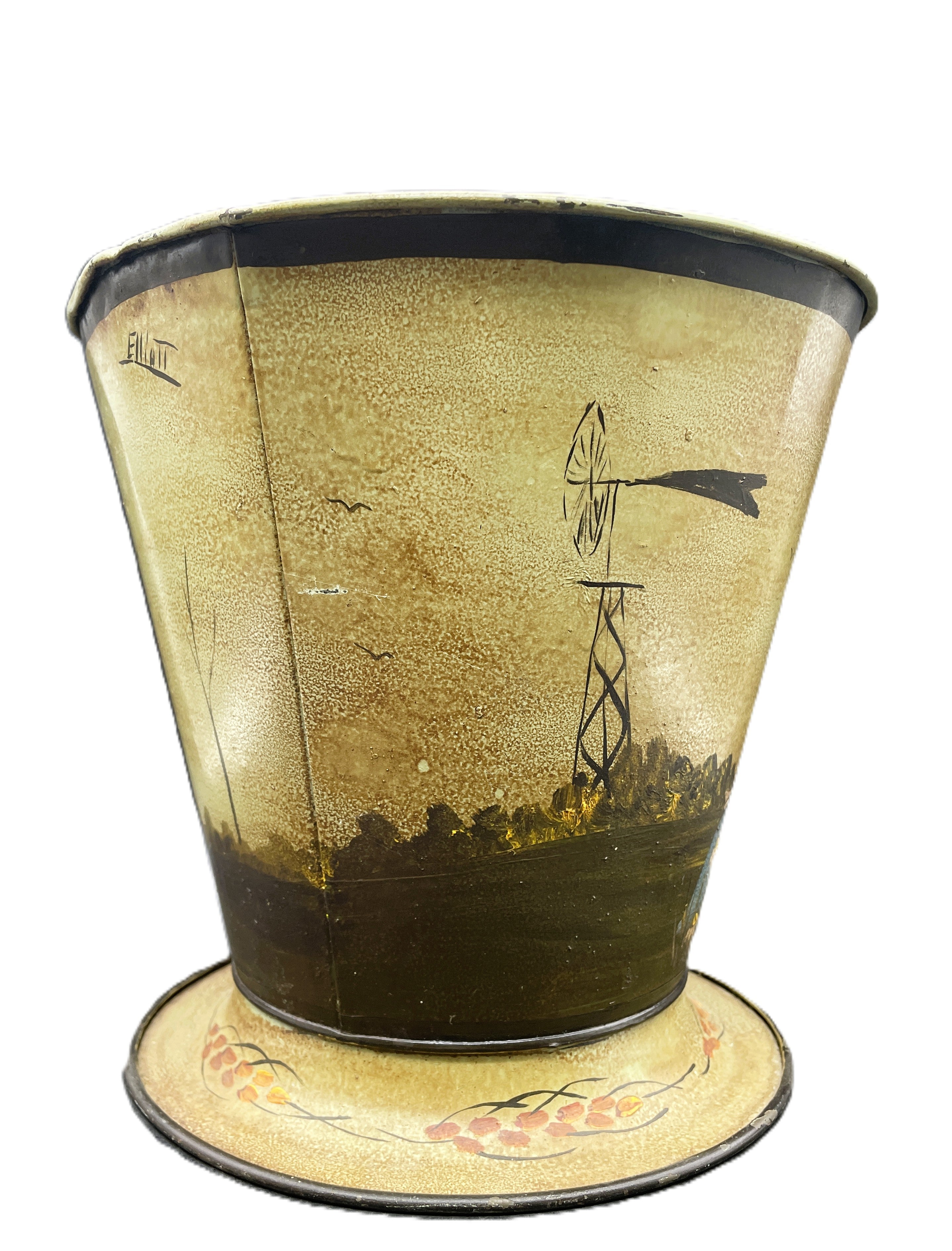 Primitive Folk Art Painted Metal Bucket Vintage Scene Girl w Kite SIGNED Elliott