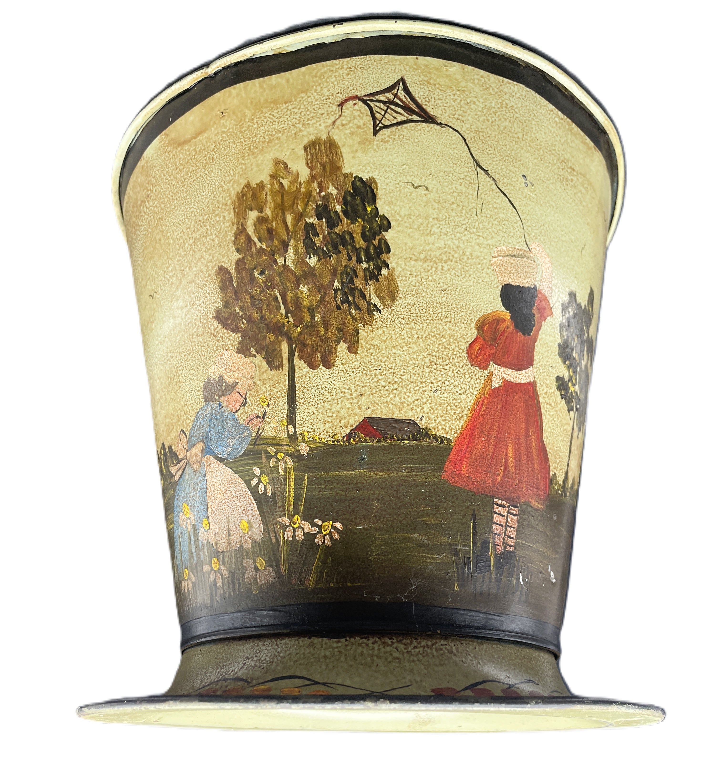 Primitive Folk Art Painted Metal Bucket Vintage Scene Girl w Kite SIGNED Elliott