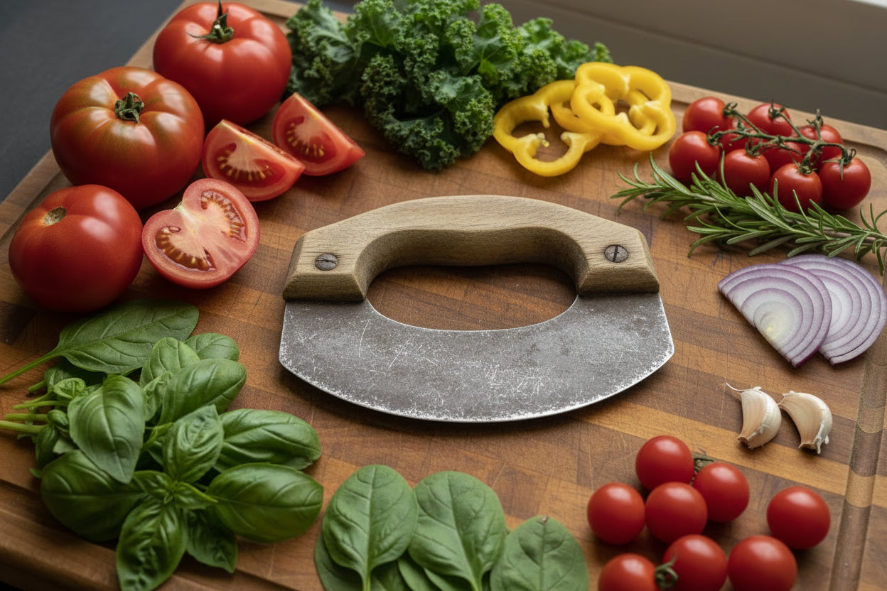 Antique Food Chopper Primitive Wood Metal Knife Rocking Blade Tool Approx. 6' wide x 5.25