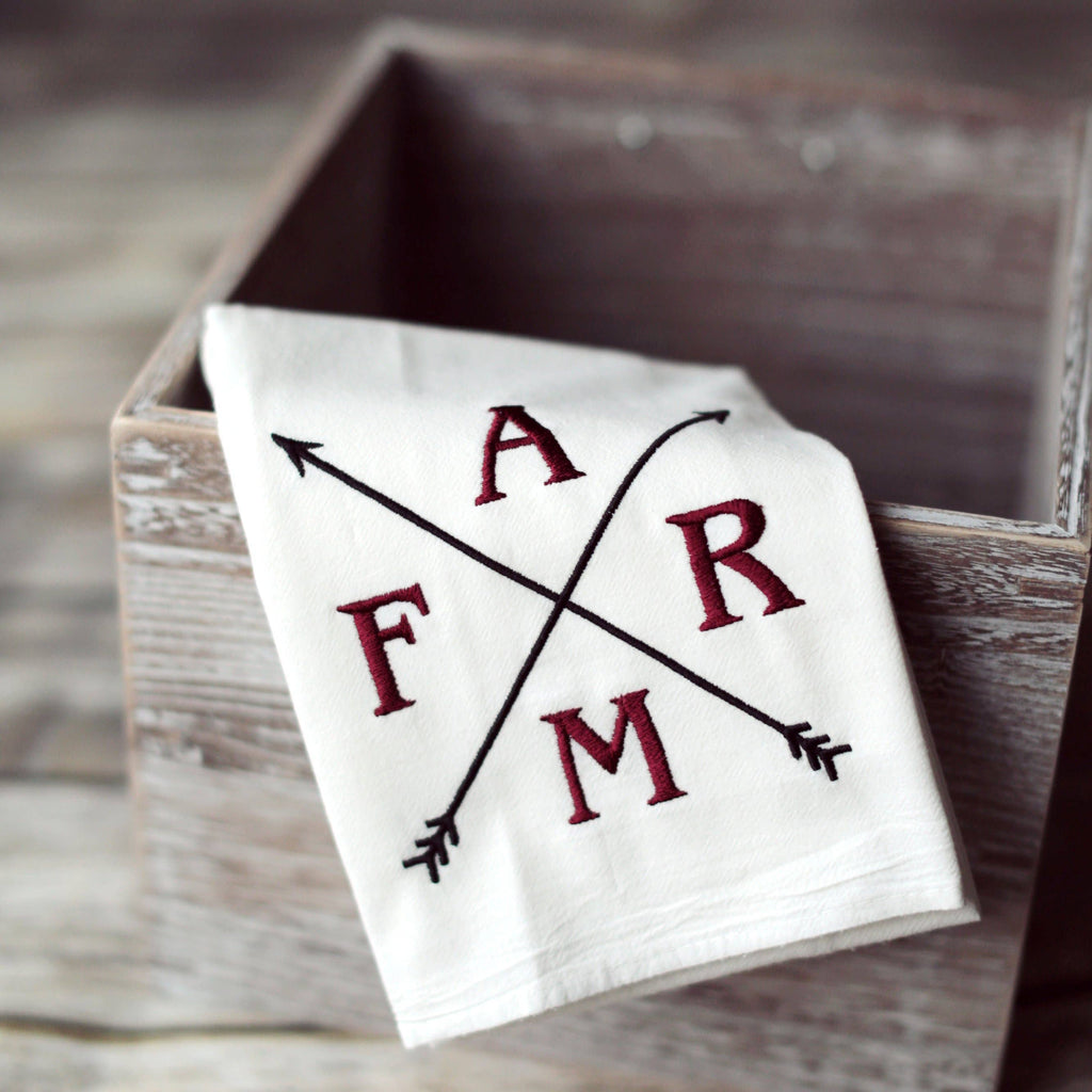 Embroidered Farm Arrows Flour Sack Tea Towel | Farmhouse Kitchen Decor