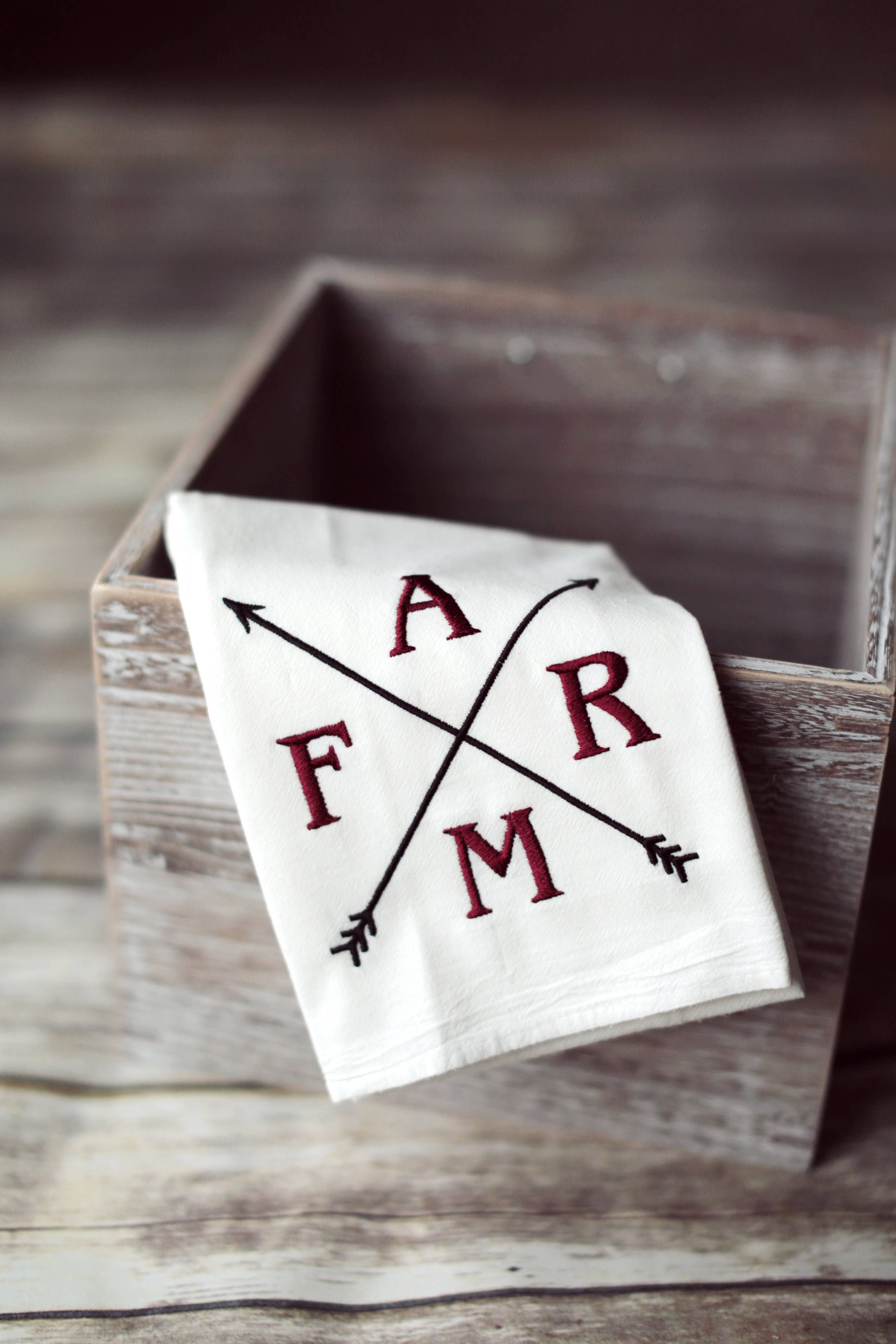 Embroidered Farm Arrows Flour Sack Tea Towel | Farmhouse Kitchen Decor