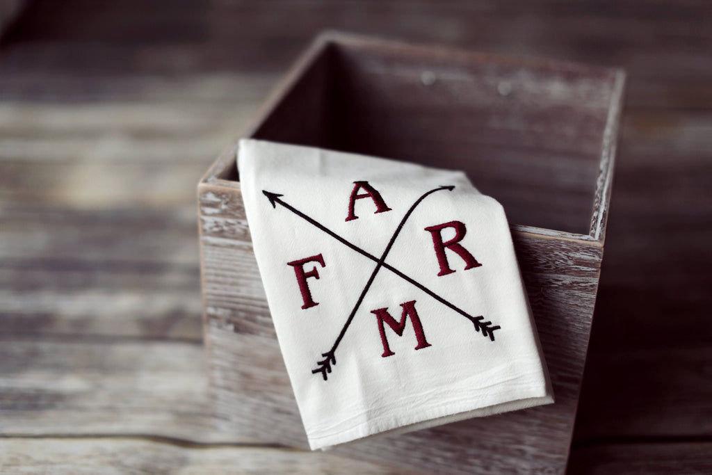 Embroidered Farm Arrows Flour Sack Tea Towel | Farmhouse Kitchen Decor