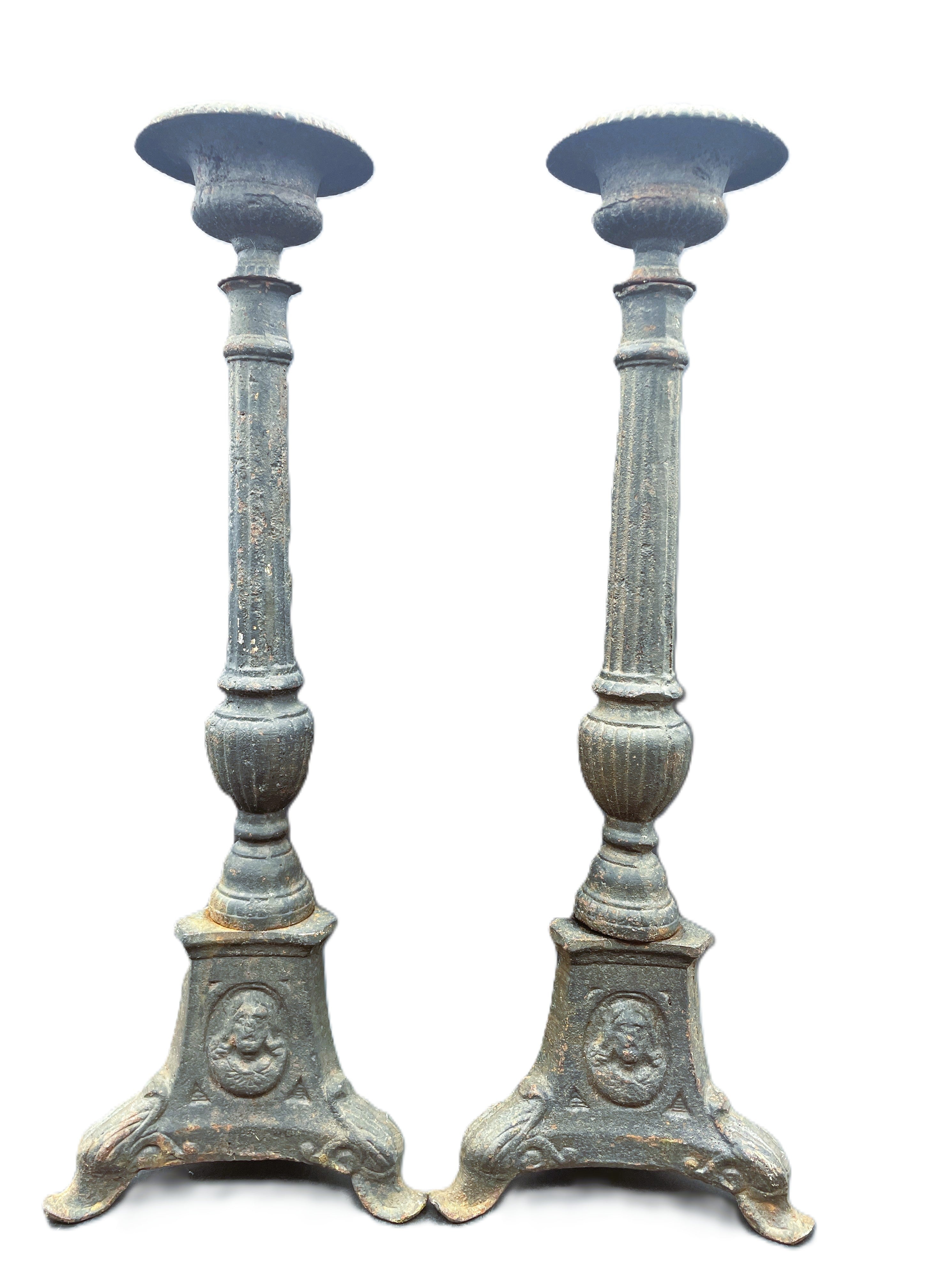 Early Large Cast Candlesticks 16.75" tall
