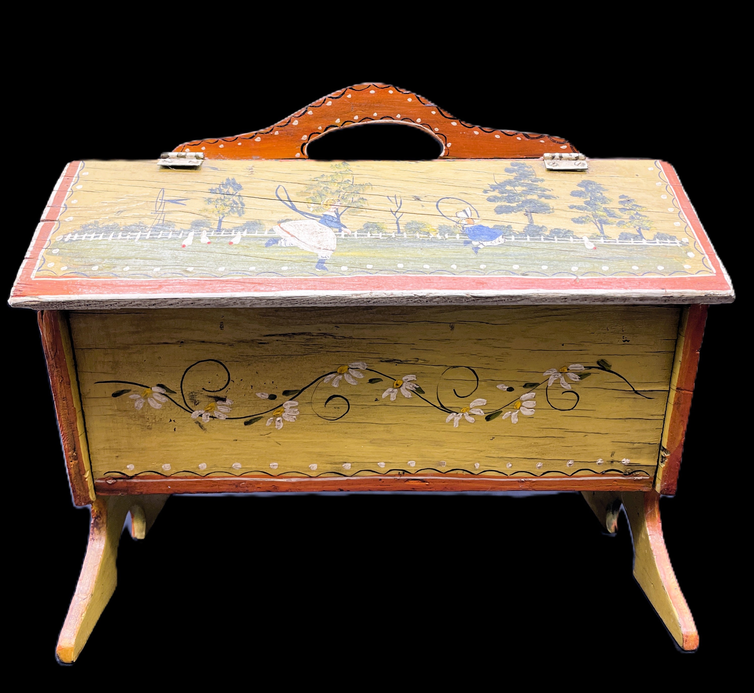 Primitive Folk Art Tole Painted Hand Made Wood Sew/Knit Box Signed