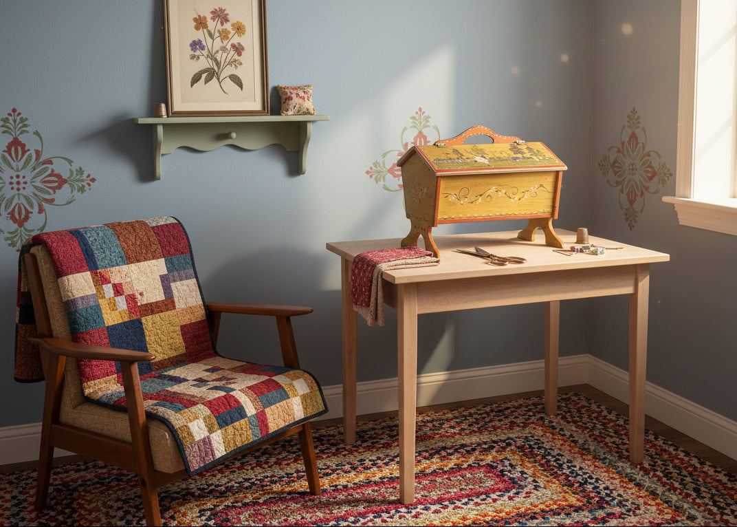 Primitive Folk Art Tole Painted Hand Made Wood Sew/Knit Box Signed