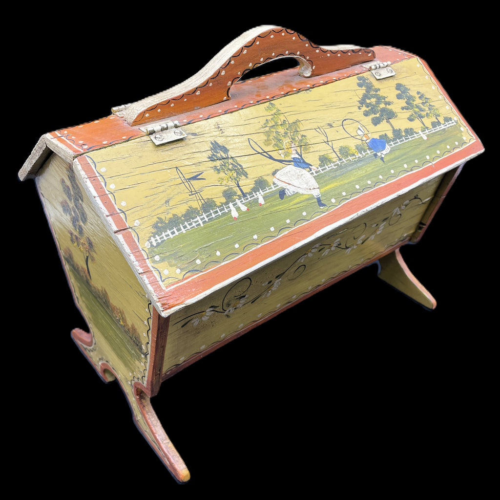 Primitive Folk Art Tole Painted Hand Made Wood Sew/Knit Box Signed