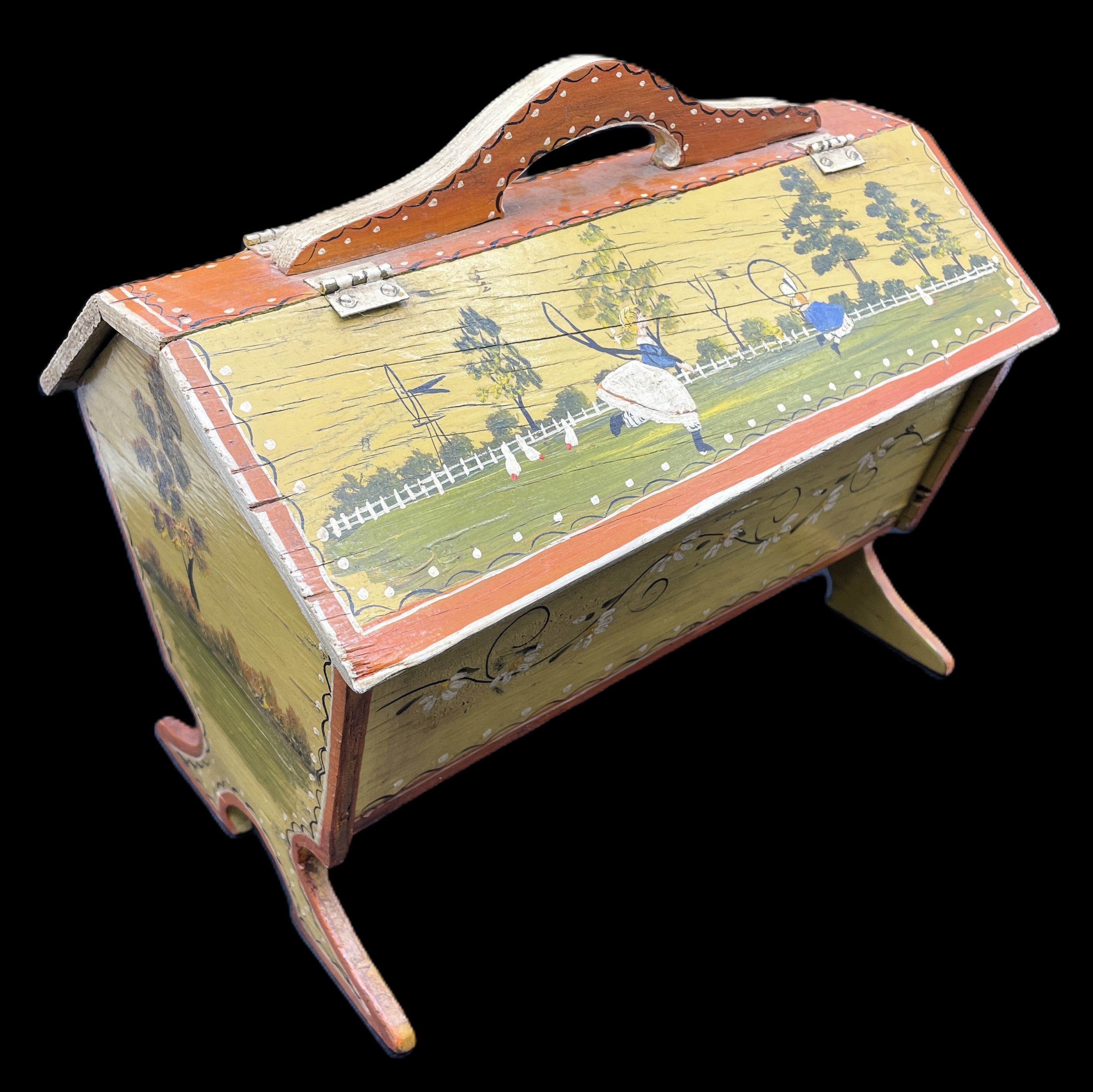 Primitive Folk Art Tole Painted Hand Made Wood Sew/Knit Box Signed