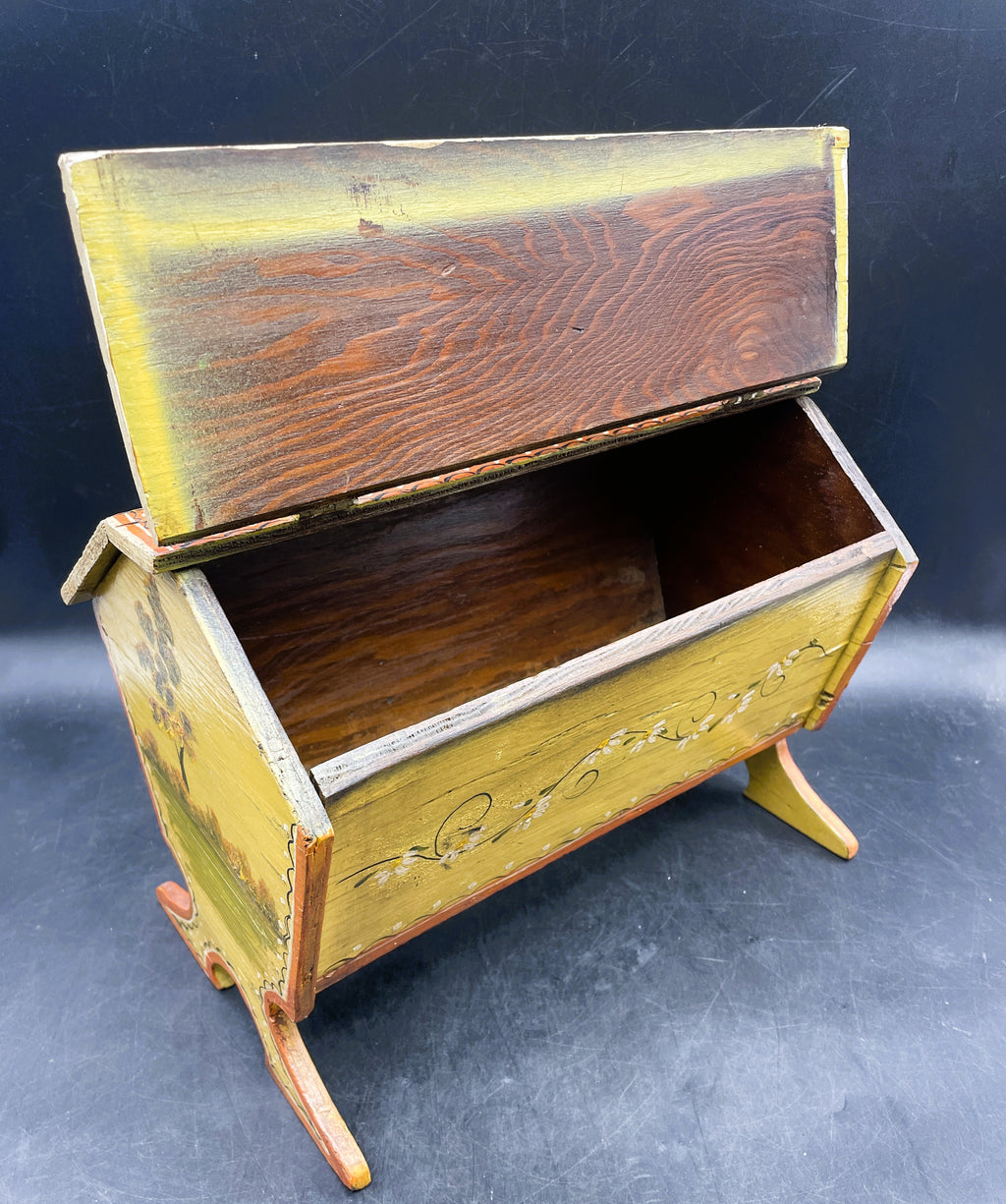 Primitive Folk Art Tole Painted Hand Made Wood Sew/Knit Box Signed
