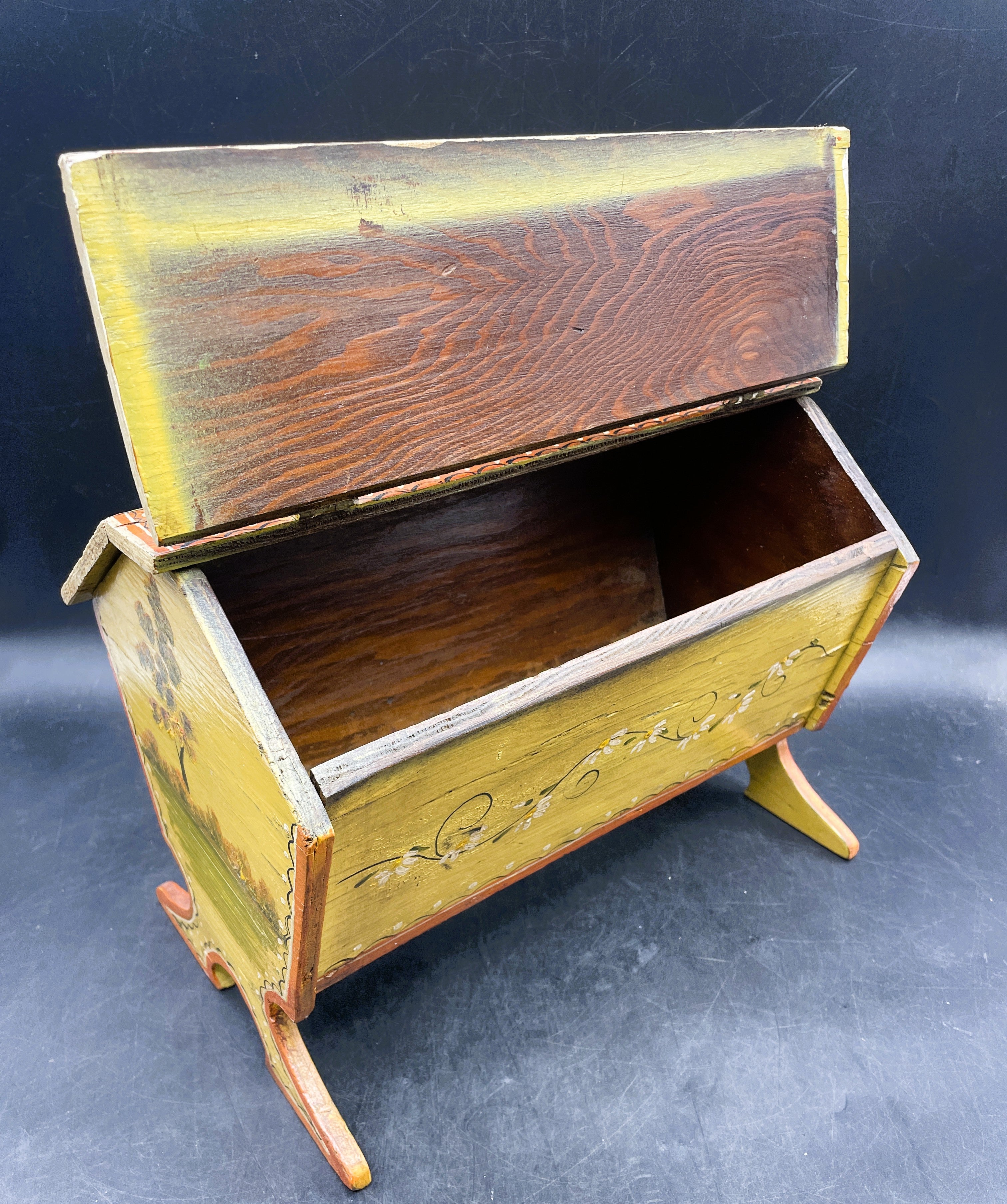 Primitive Folk Art Tole Painted Hand Made Wood Sew/Knit Box Signed