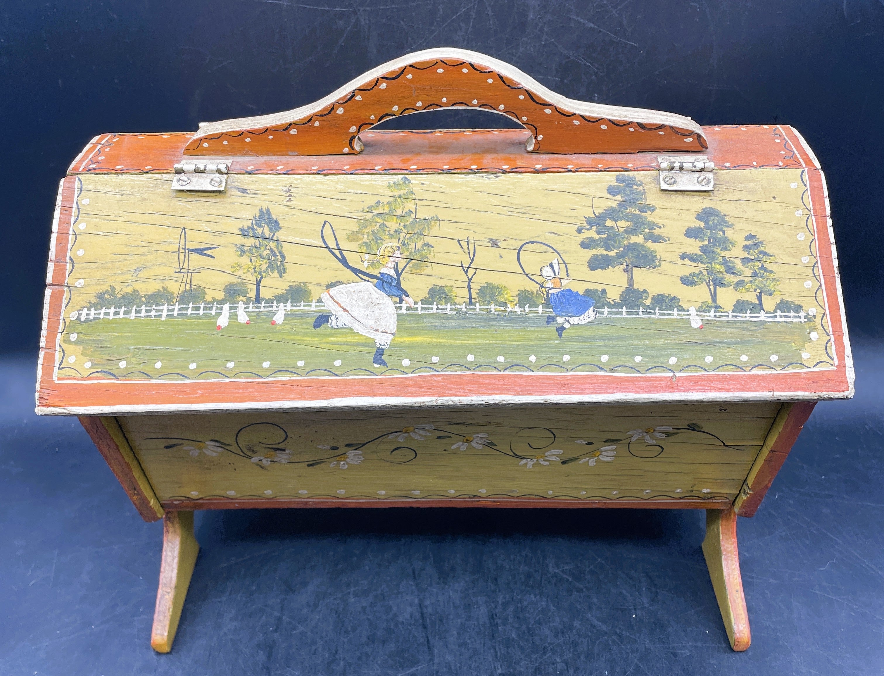 Primitive Folk Art Tole Painted Hand Made Wood Sew/Knit Box Signed