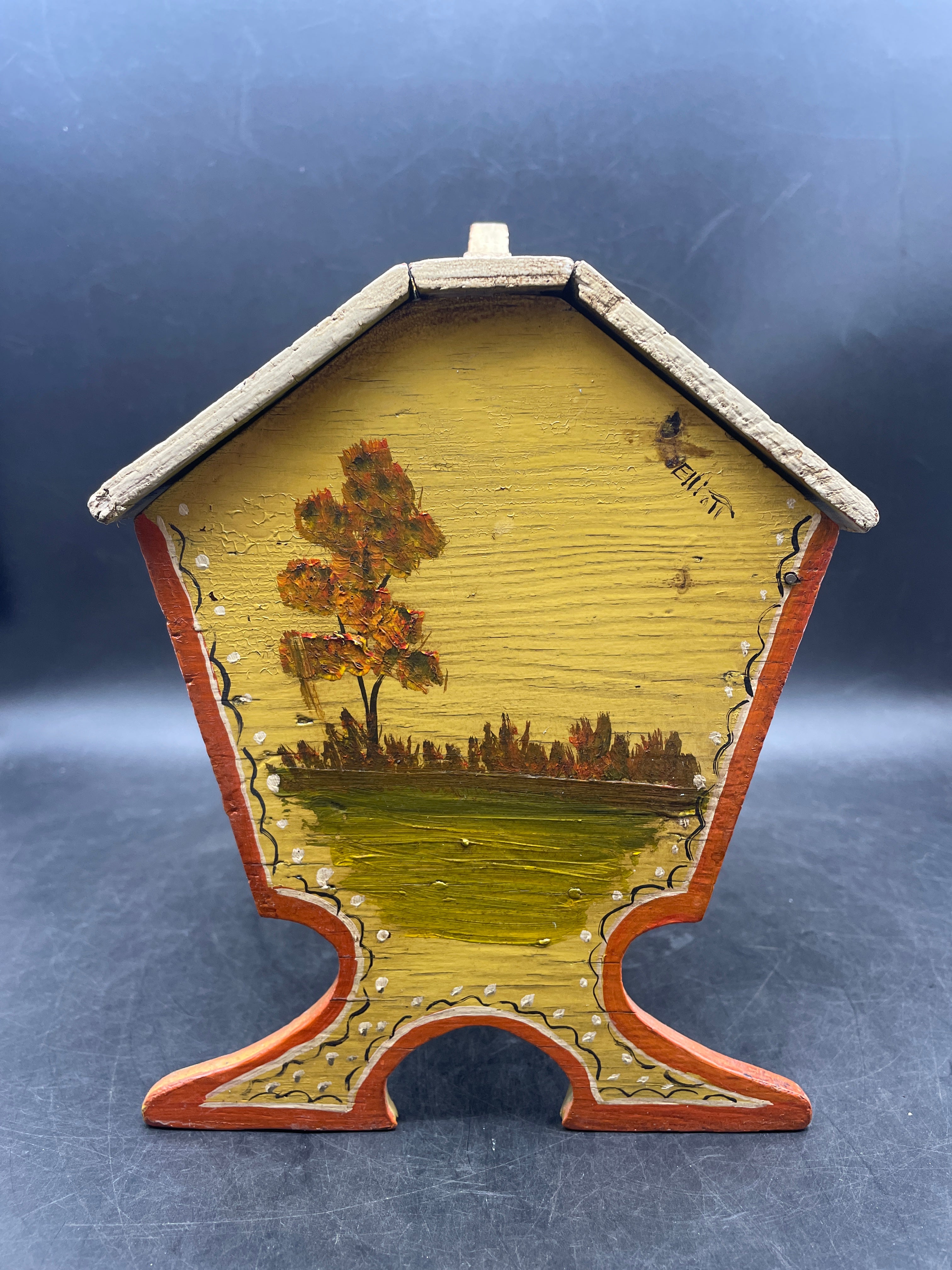 Primitive Folk Art Tole Painted Hand Made Wood Sew/Knit Box Signed