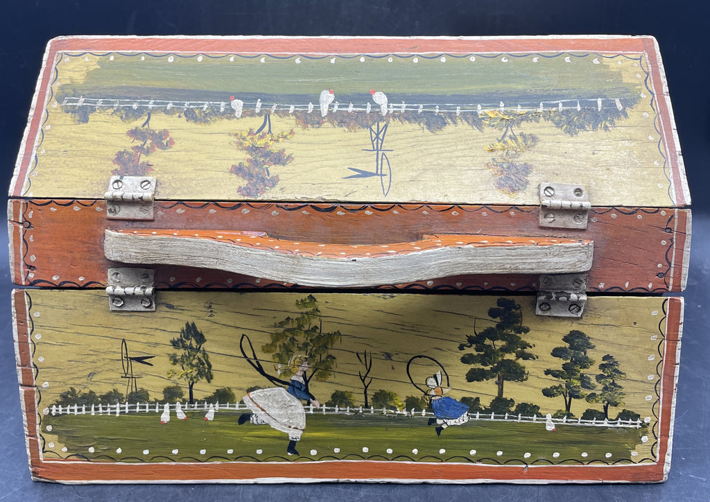 Primitive Folk Art Tole Painted Hand Made Wood Sew/Knit Box Signed
