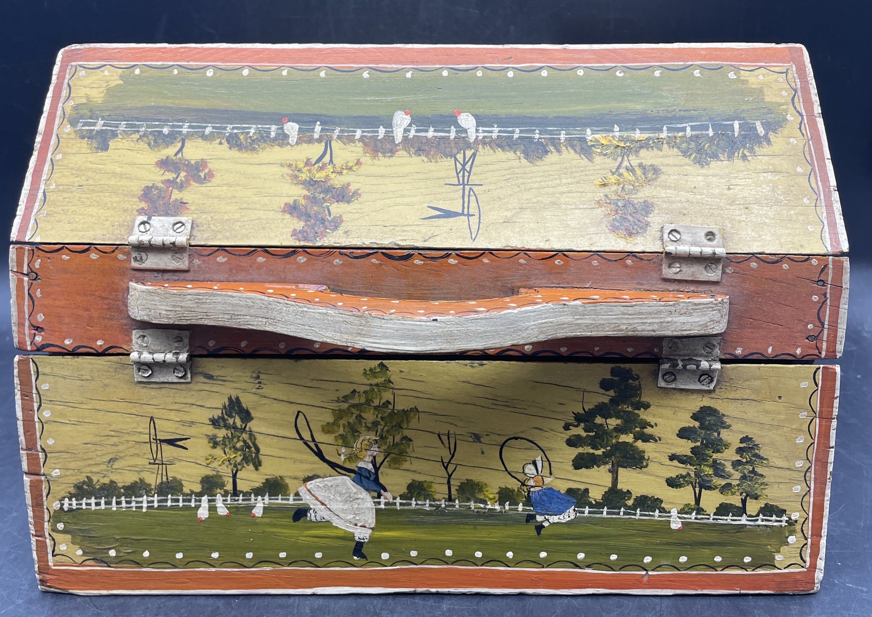 Primitive Folk Art Tole Painted Hand Made Wood Sew/Knit Box Signed