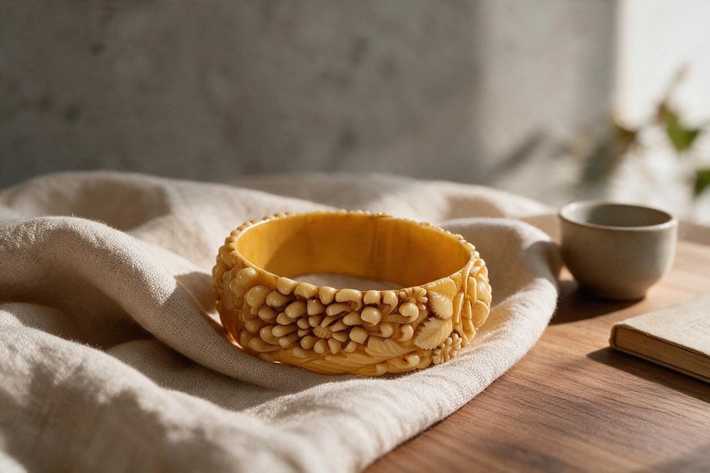 Vintage Amber Yellow Celluloid Wide Floral Bangle