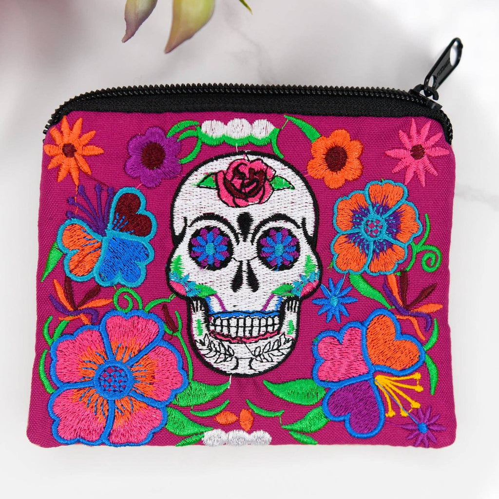 Sugar Skull Embroidered Coin Bag – Artisan Handmade Zip Pouch