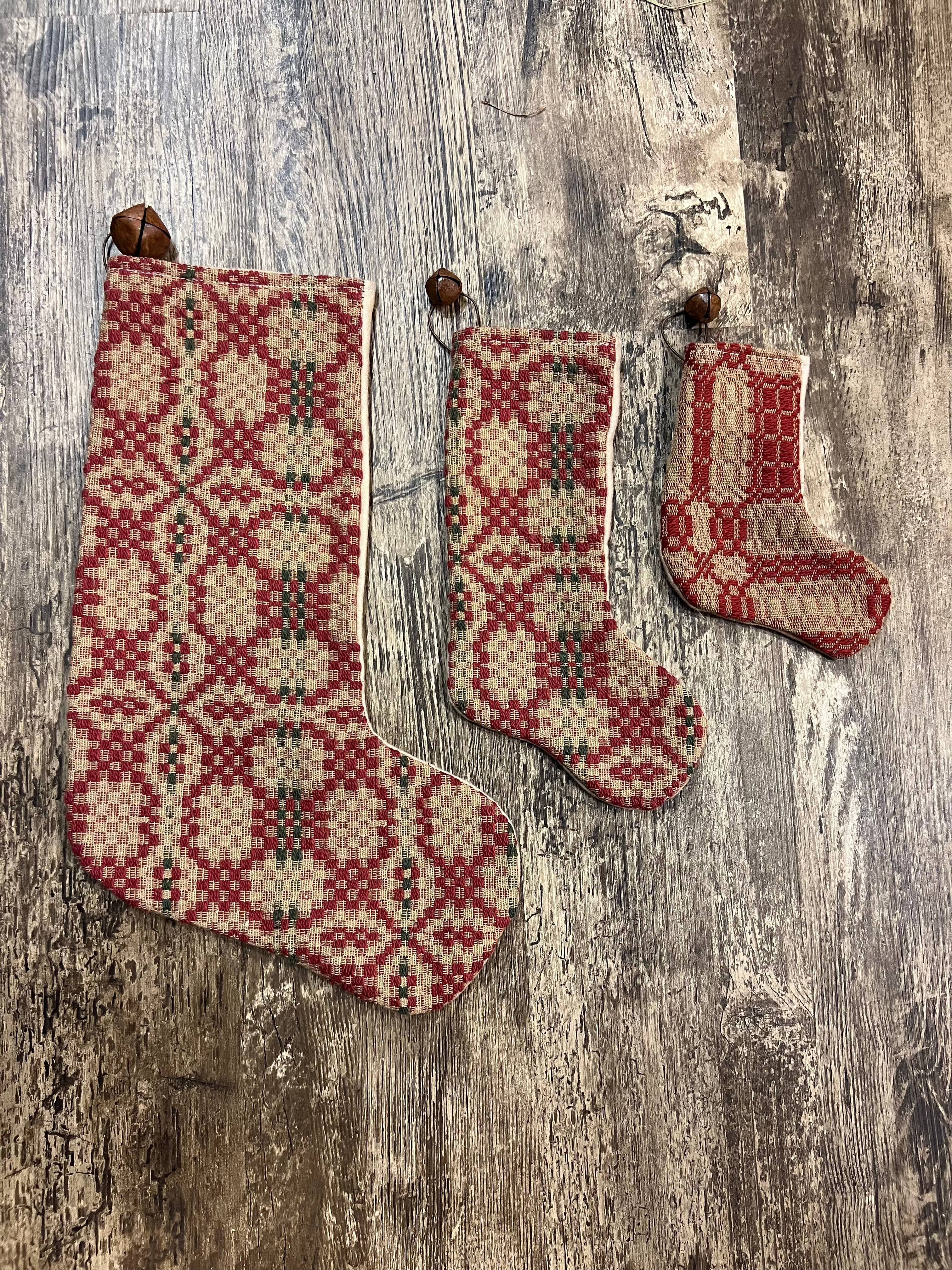 Handmade Coverlet Christmas Stocking — Medium 10" x 5" with Flannel Backing & Rusty Bell