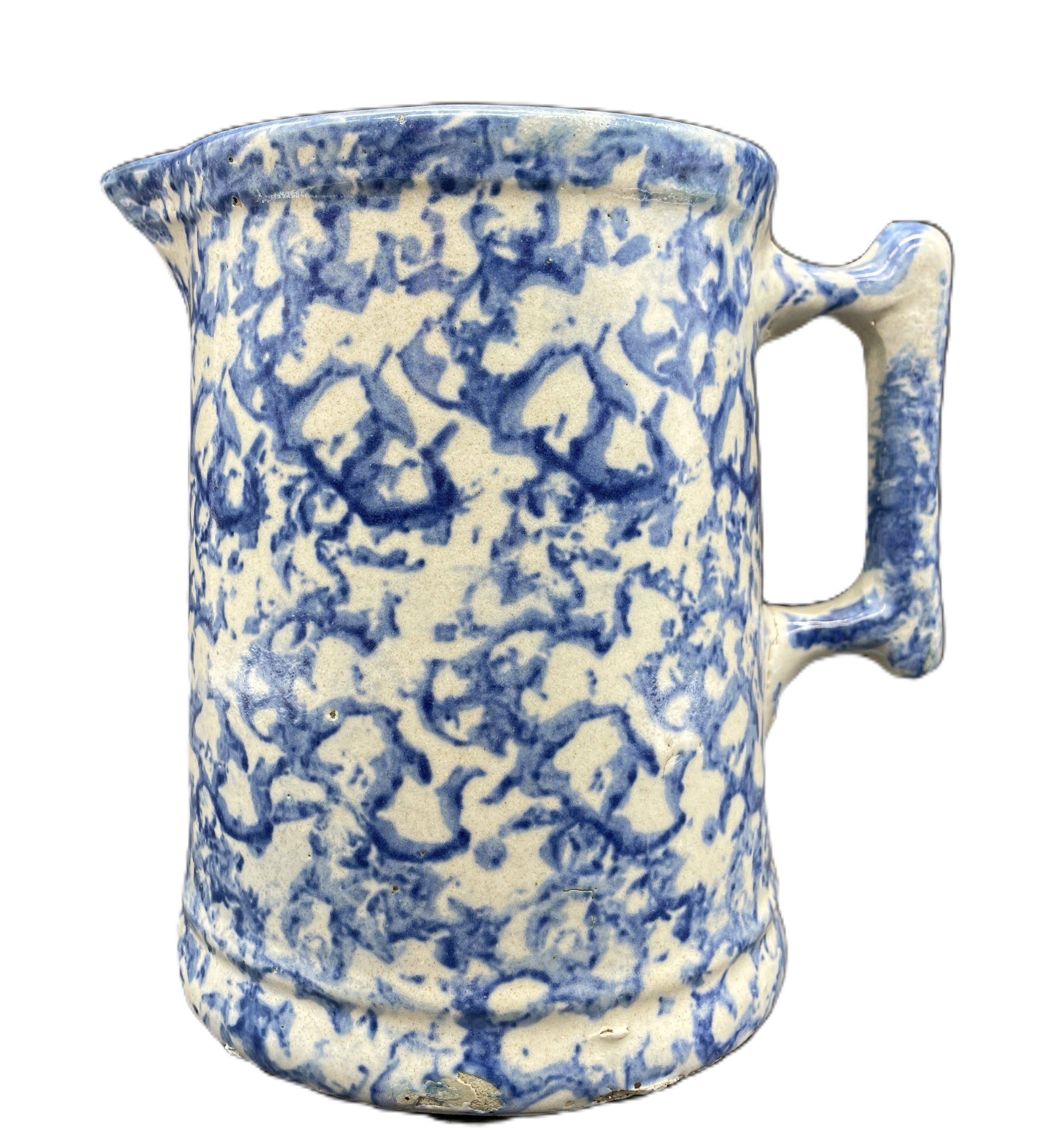 Antique Blue & White Spongeware Pitcher - Salt Glazed Stoneware 7"