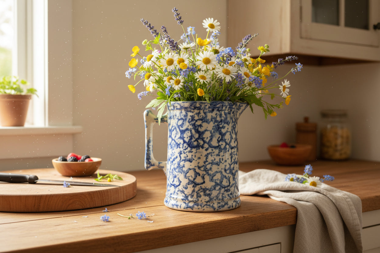 Antique Blue & White Spongeware Pitcher - Salt Glazed Stoneware 7"