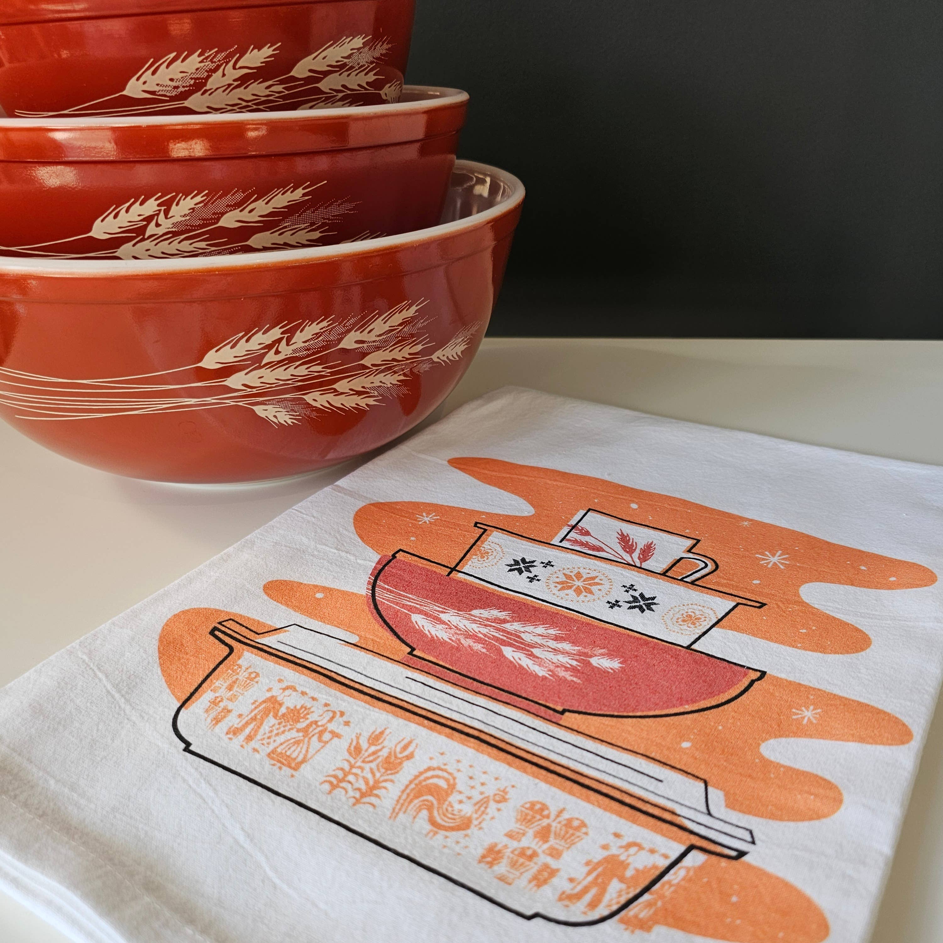 Pyrex Pumpkin Butterprint Tea Towel — Vintage Bowl Stack Print