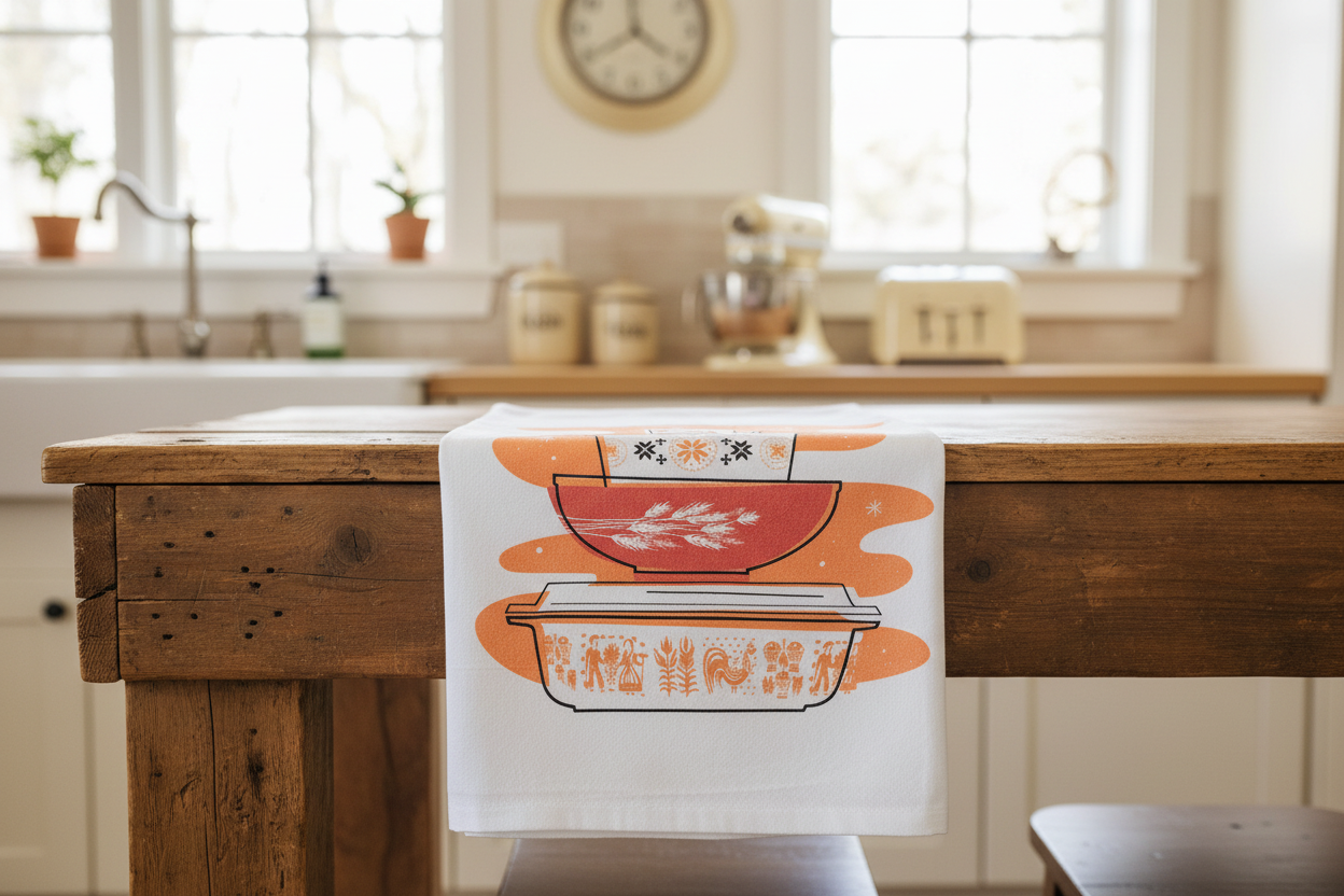 Pyrex Pumpkin Butterprint Tea Towel — Vintage Bowl Stack Print