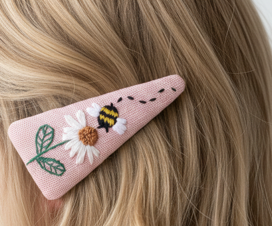 Bee & Daisy Hand-Embroidered Hair Clip – Floral Snap Barrette