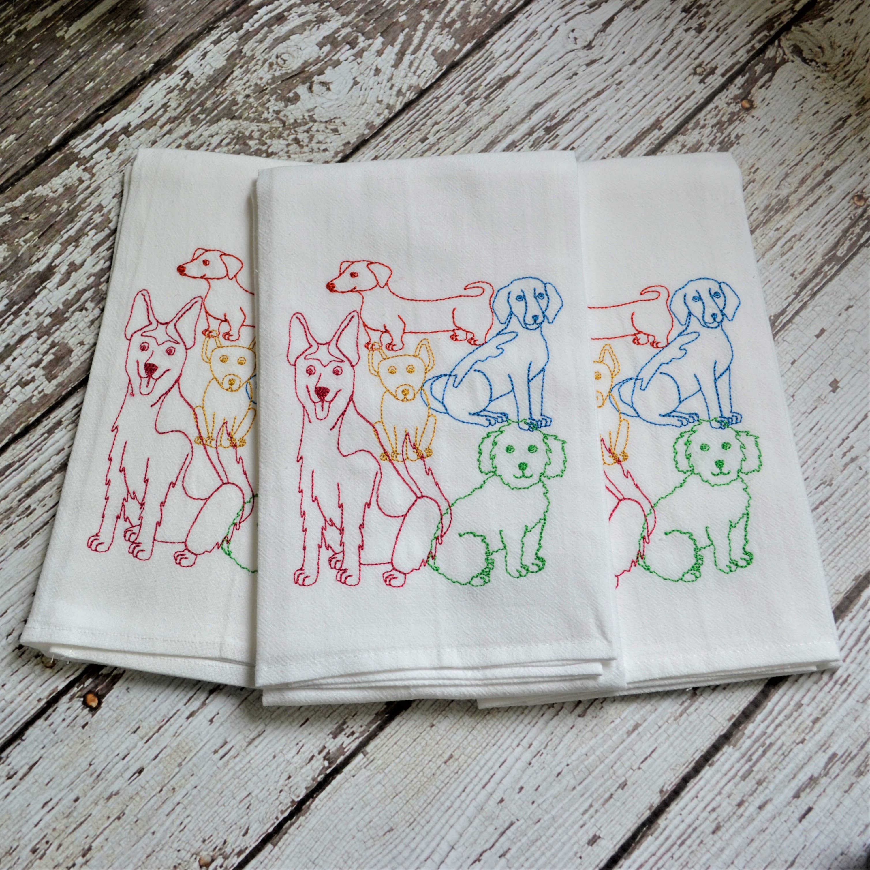 Embroidered Lots of Dogs Flour Sack Tea Towel | Multicolor | Dog Lover Kitchen Decor