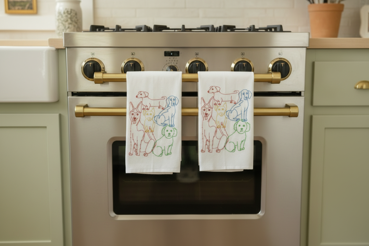 Embroidered Lots of Dogs Flour Sack Tea Towel | Multicolor | Dog Lover Kitchen Decor
