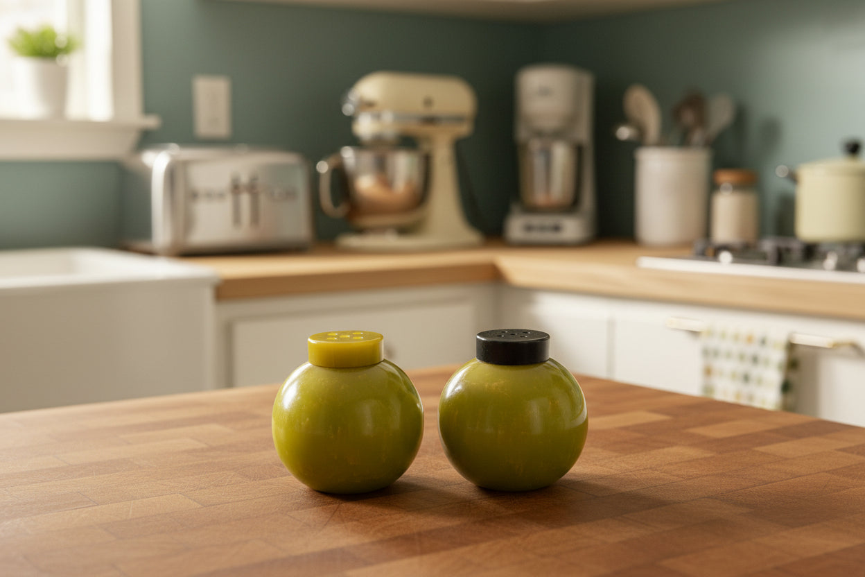 Vintage Bakelite MCM Retro Round Green Salt & Pepper Shakers Black Top