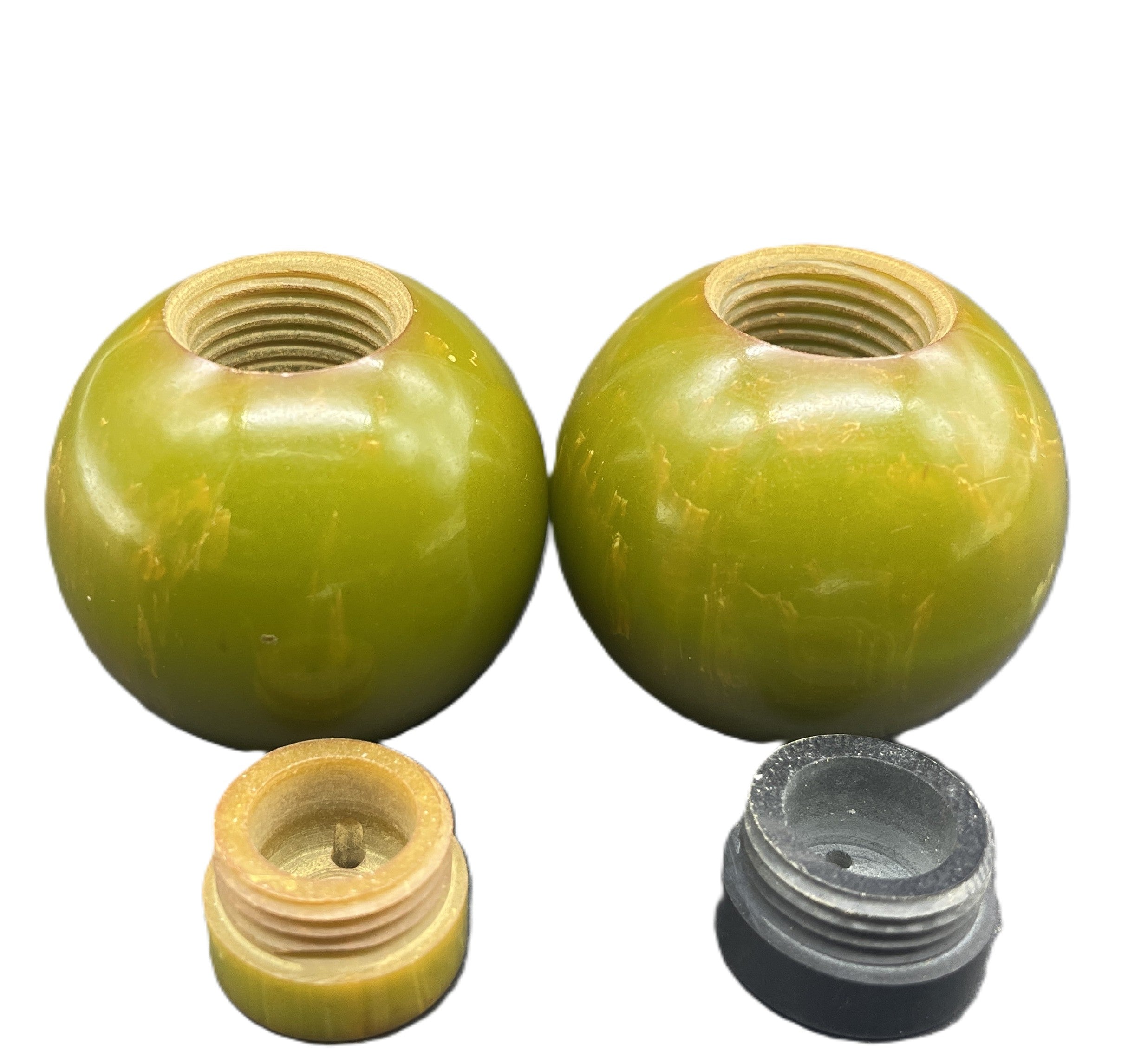 Vintage Bakelite MCM Retro Round Green Salt & Pepper Shakers Black Top