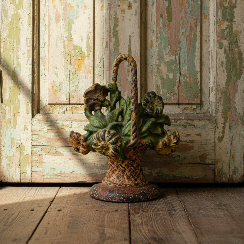 Antique Cast Iron Doorstop Flower Basket