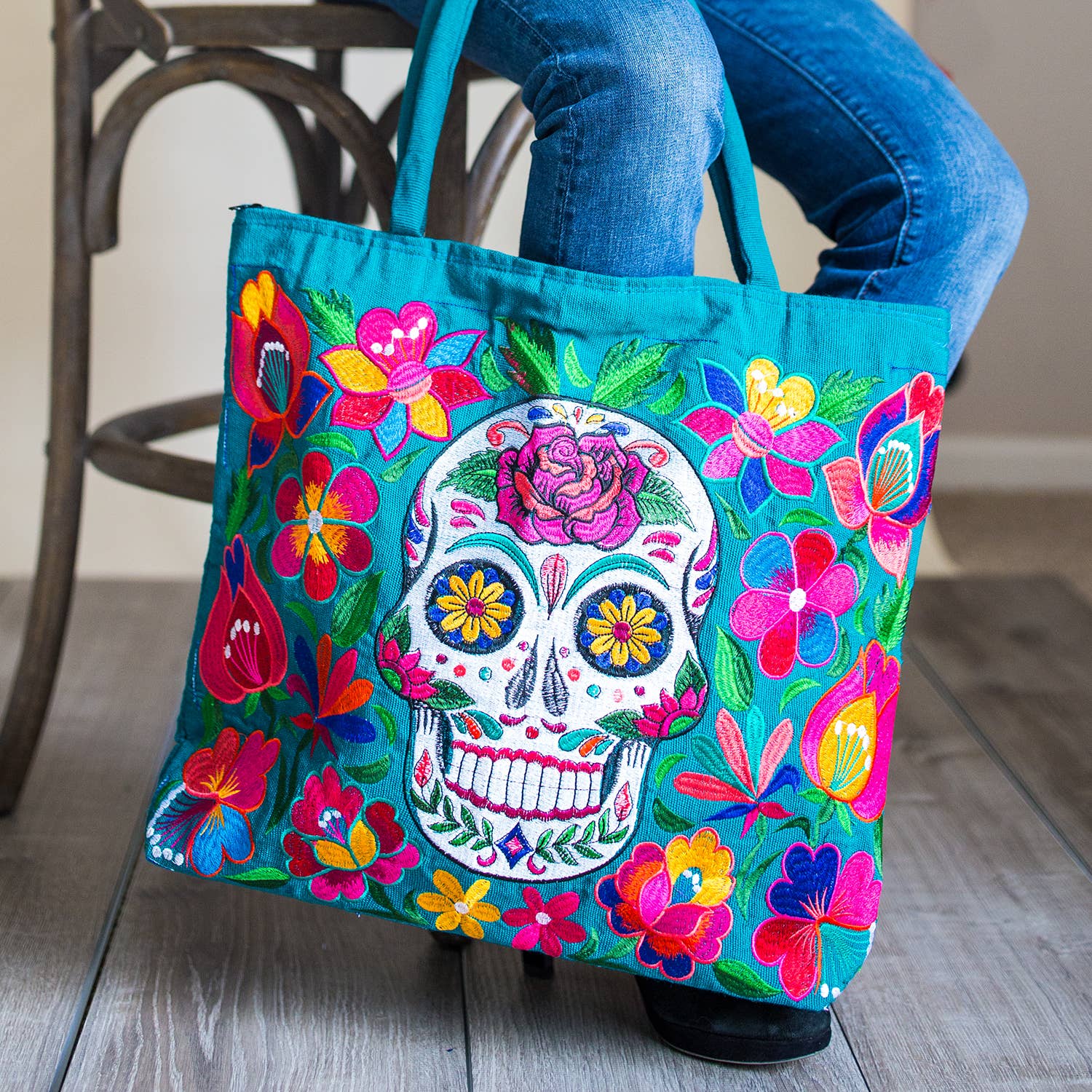 Sugar Skull Embroidered Tote Bag – Día de los Muertos Artisan Bag