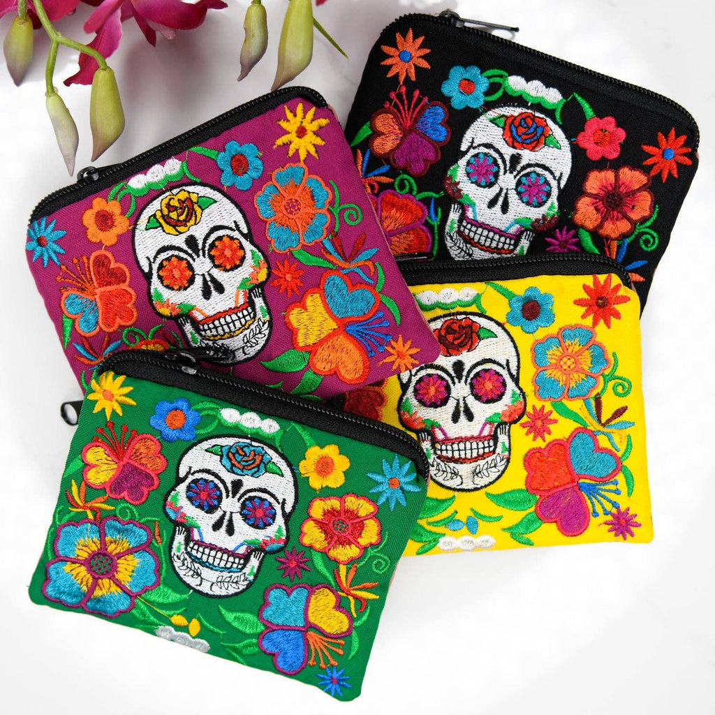 Sugar Skull Embroidered Coin Bag – Artisan Handmade Zip Pouch